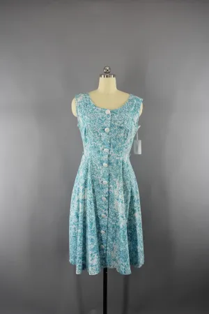 1950s Vintage Day Dress with Blue Abstract Print