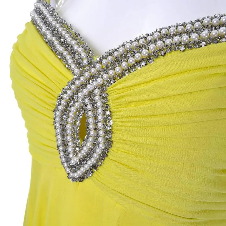 1960s Beaded Keyhole Dress in Chartreuse Silk Evening Gown w/ Shawl