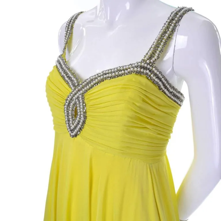 1960s Beaded Keyhole Dress in Chartreuse Silk Evening Gown w/ Shawl