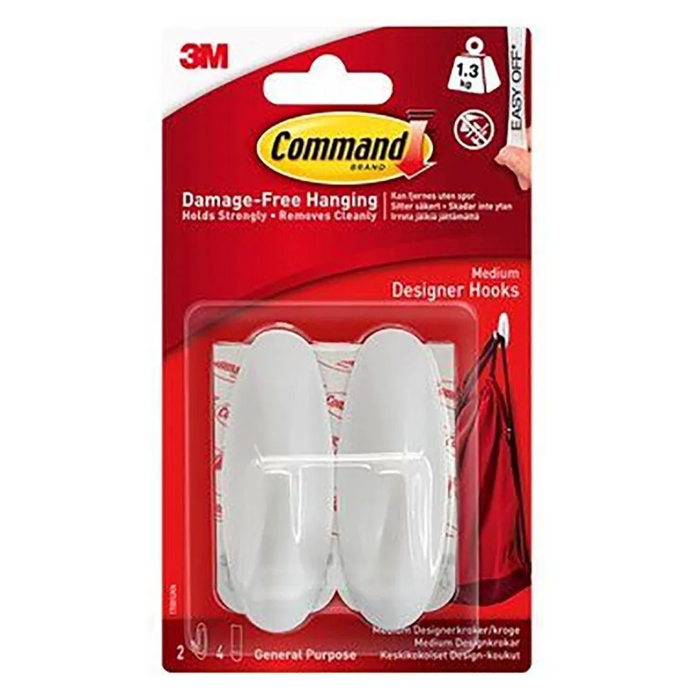 3M Command Medium Designer 2 Hooks/4 Strips Pack - White | 3M17081