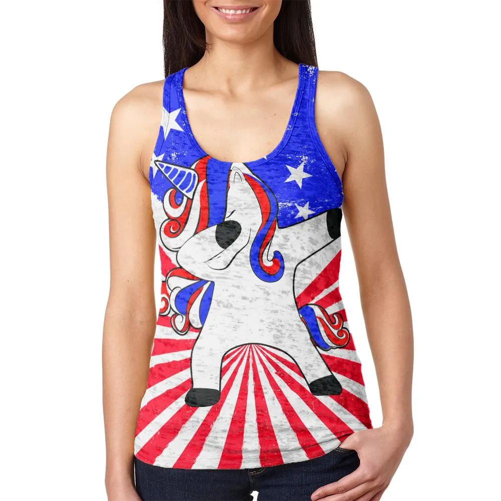 4th of July Dabbing Unicorn Americorn Juniors Burnout Racerback Tank Top