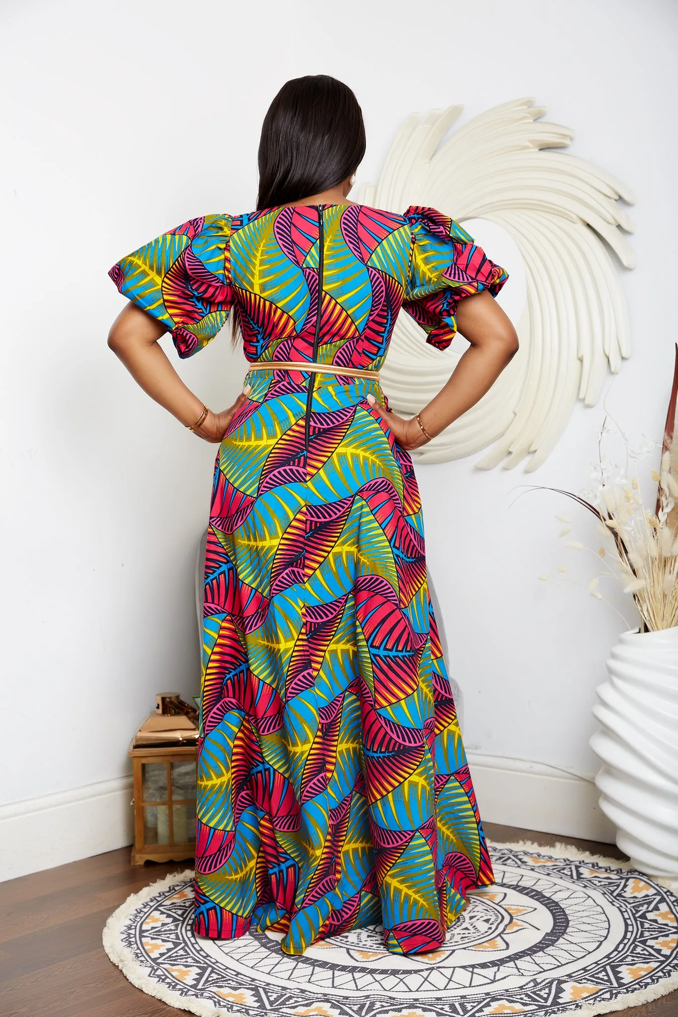 African Print V Neck Maxi Dress with Puff Sleeves- Pelumi