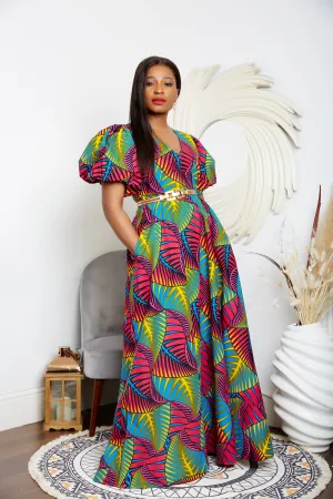 African Print V Neck Maxi Dress with Puff Sleeves- Pelumi