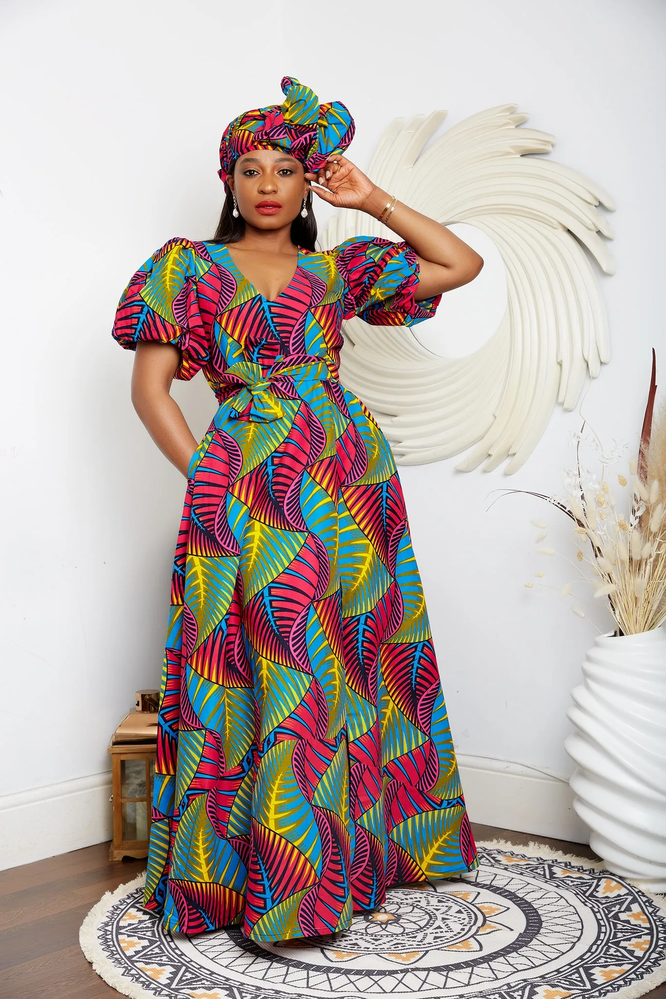 African Print V Neck Maxi Dress with Puff Sleeves- Pelumi