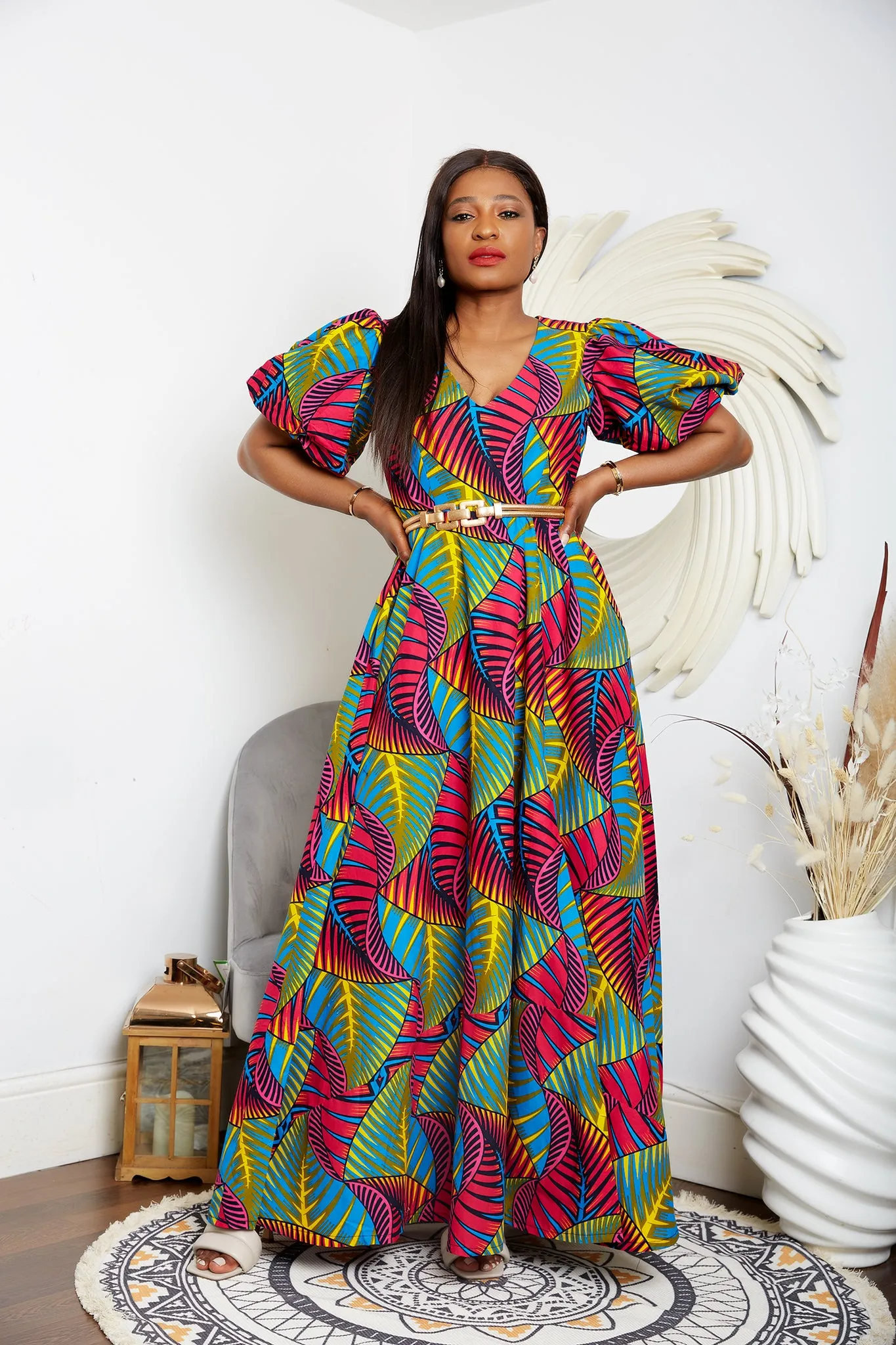 African Print V Neck Maxi Dress with Puff Sleeves- Pelumi