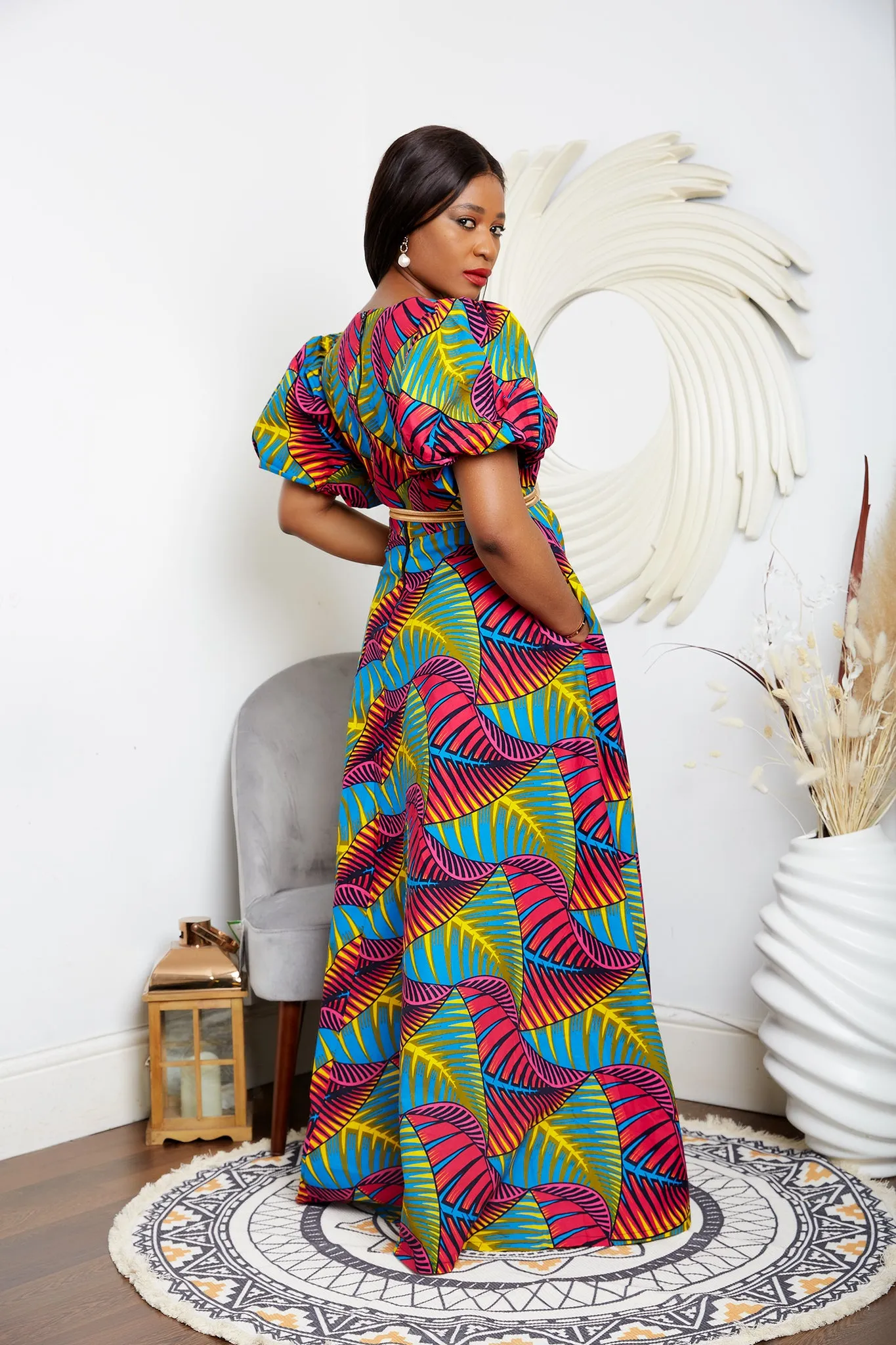 African Print V Neck Maxi Dress with Puff Sleeves- Pelumi