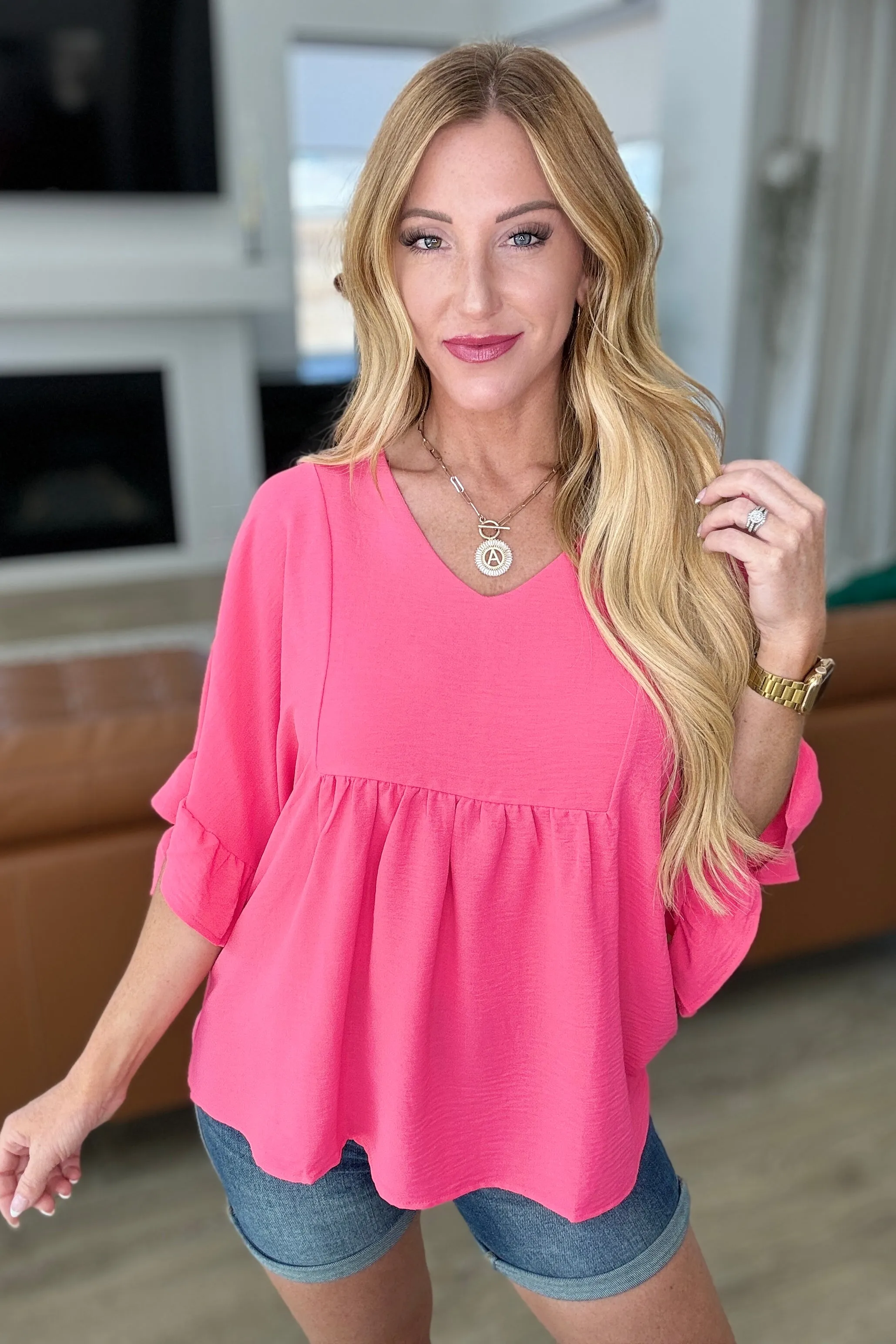 Airflow Peplum Ruffle Sleeve Top in Hot Pink - 4/24