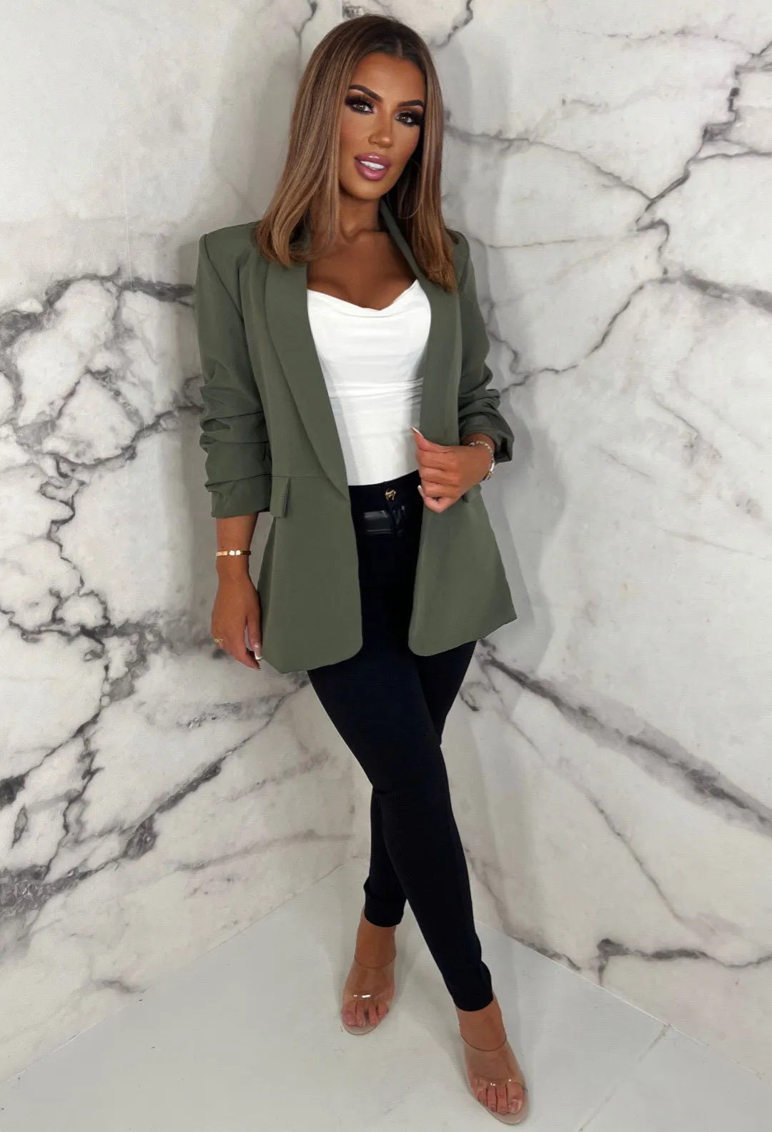 Always Iconic Khaki Shawl Ruched Sleeve Blazer