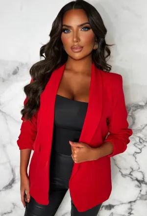 Always Iconic Red Shawl Ruched Sleeve Blazer