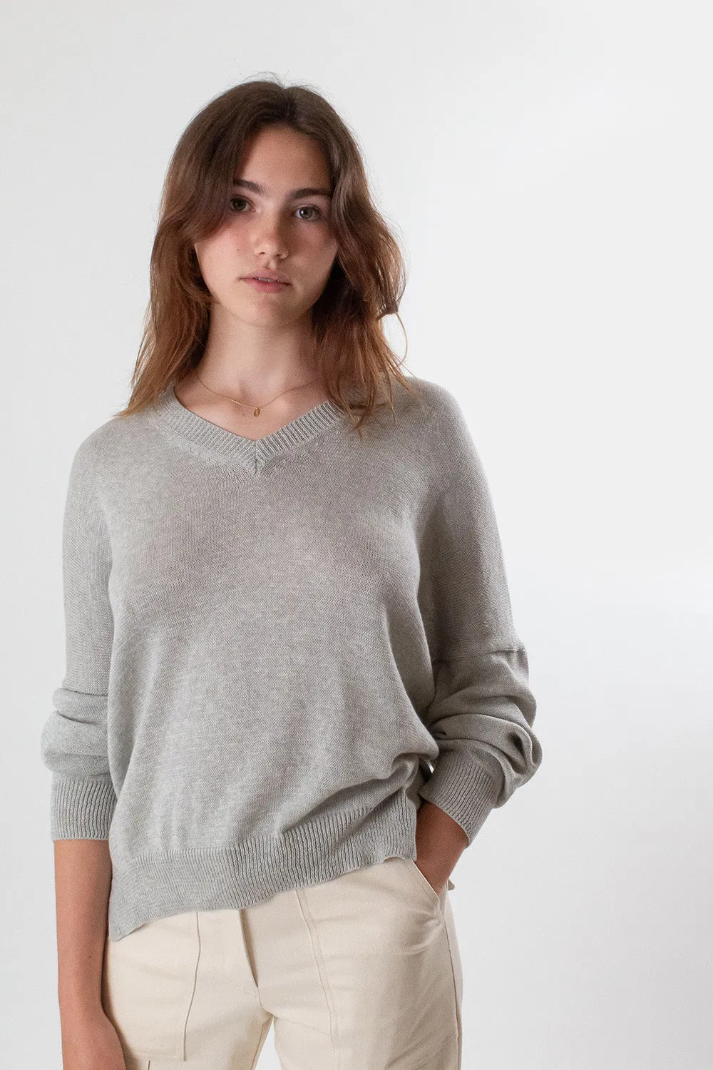 Anna Pima Cotton V Neck Pullover in Light Grey