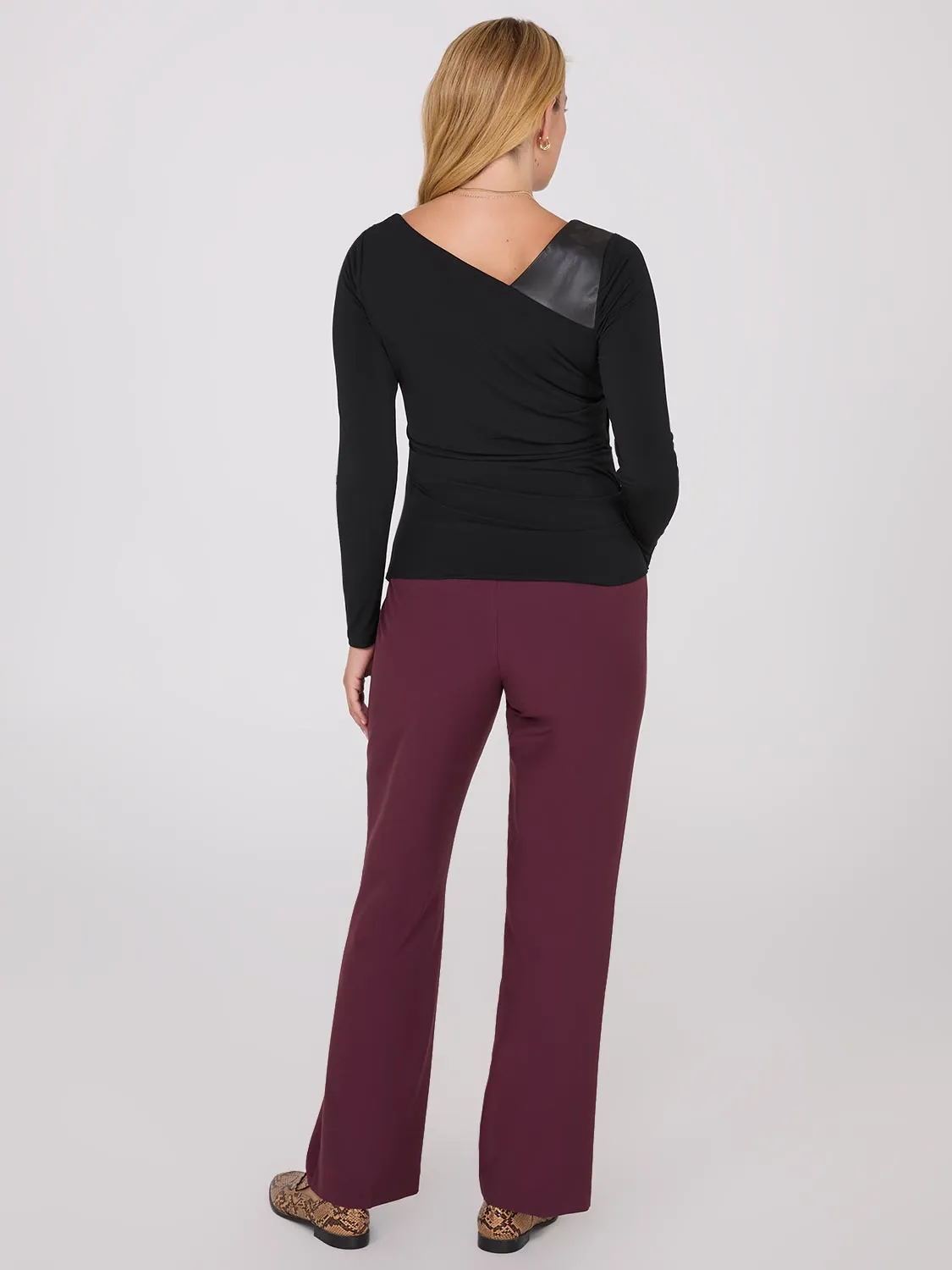 Asymmetrical Neckline Top With Faux Leather Detail