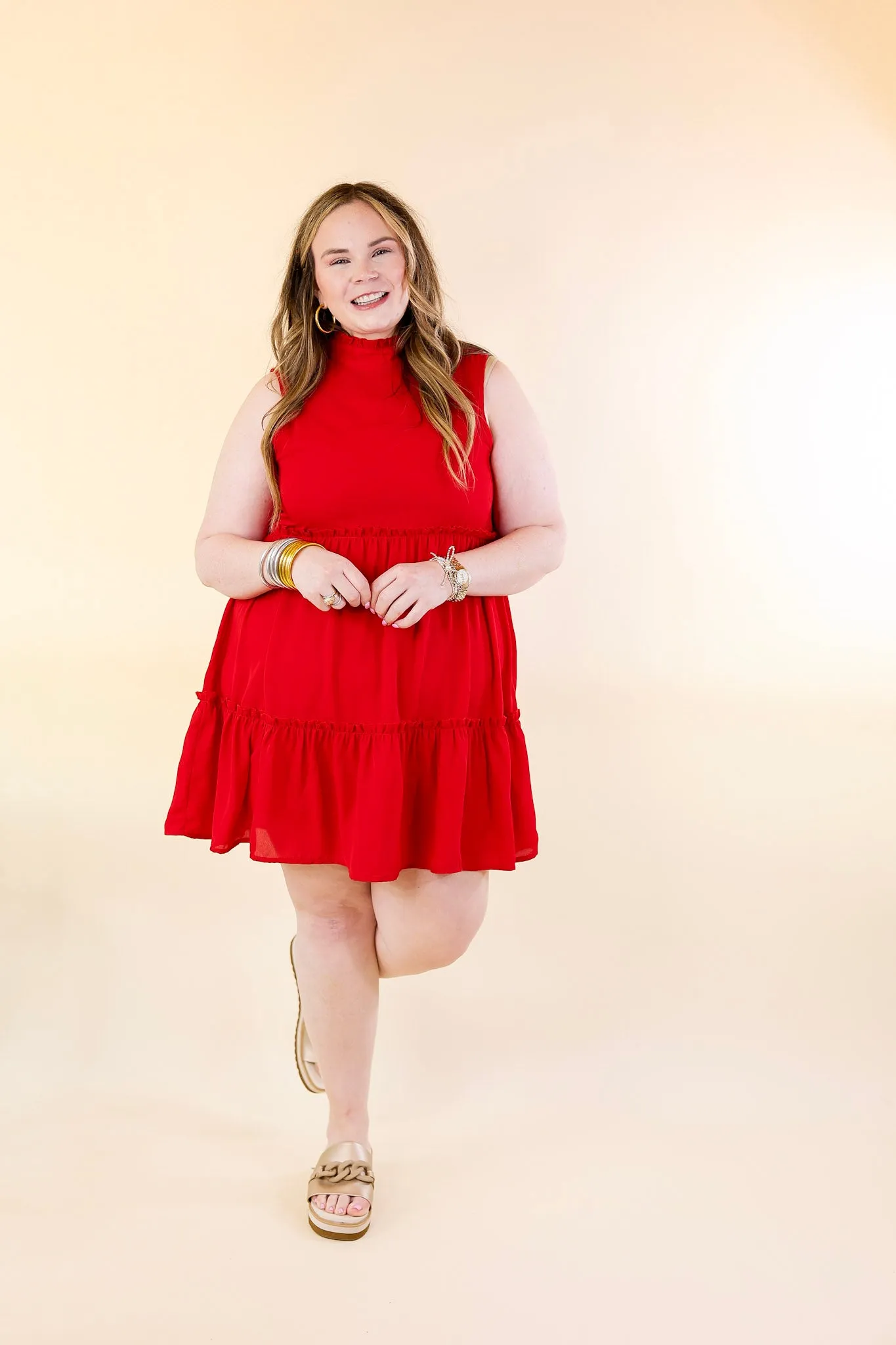 Attempt To Charm High Ruffle Neck Tank Tunic Dress in Red