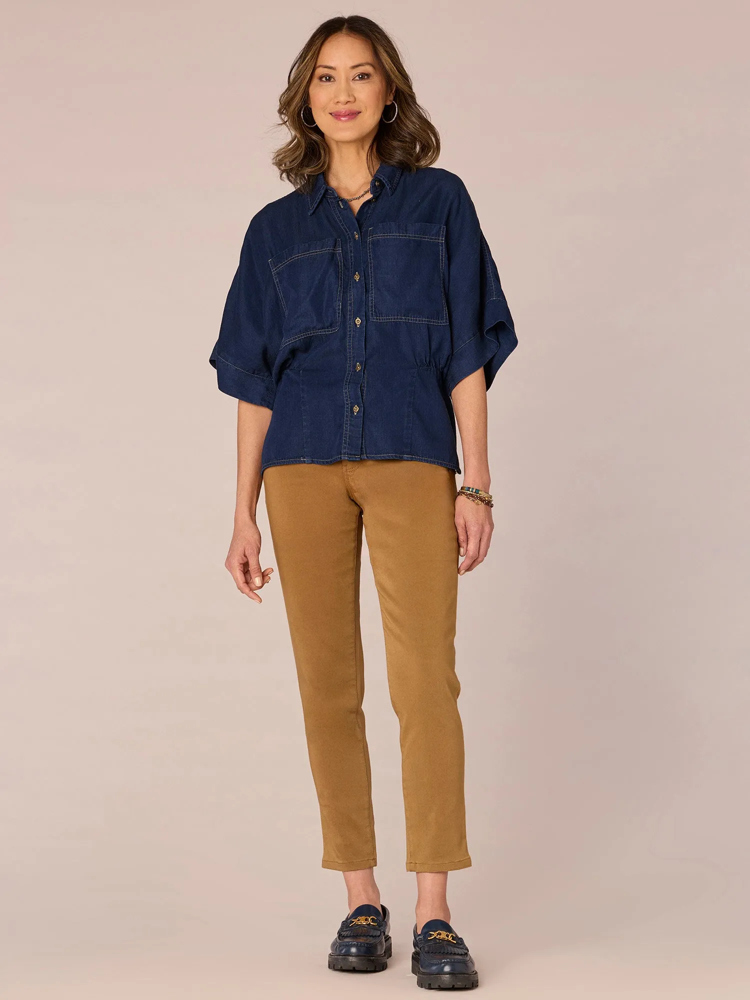 Below Elbow Sleeve Button Down Patch Pocket Peplum Woven Shirt