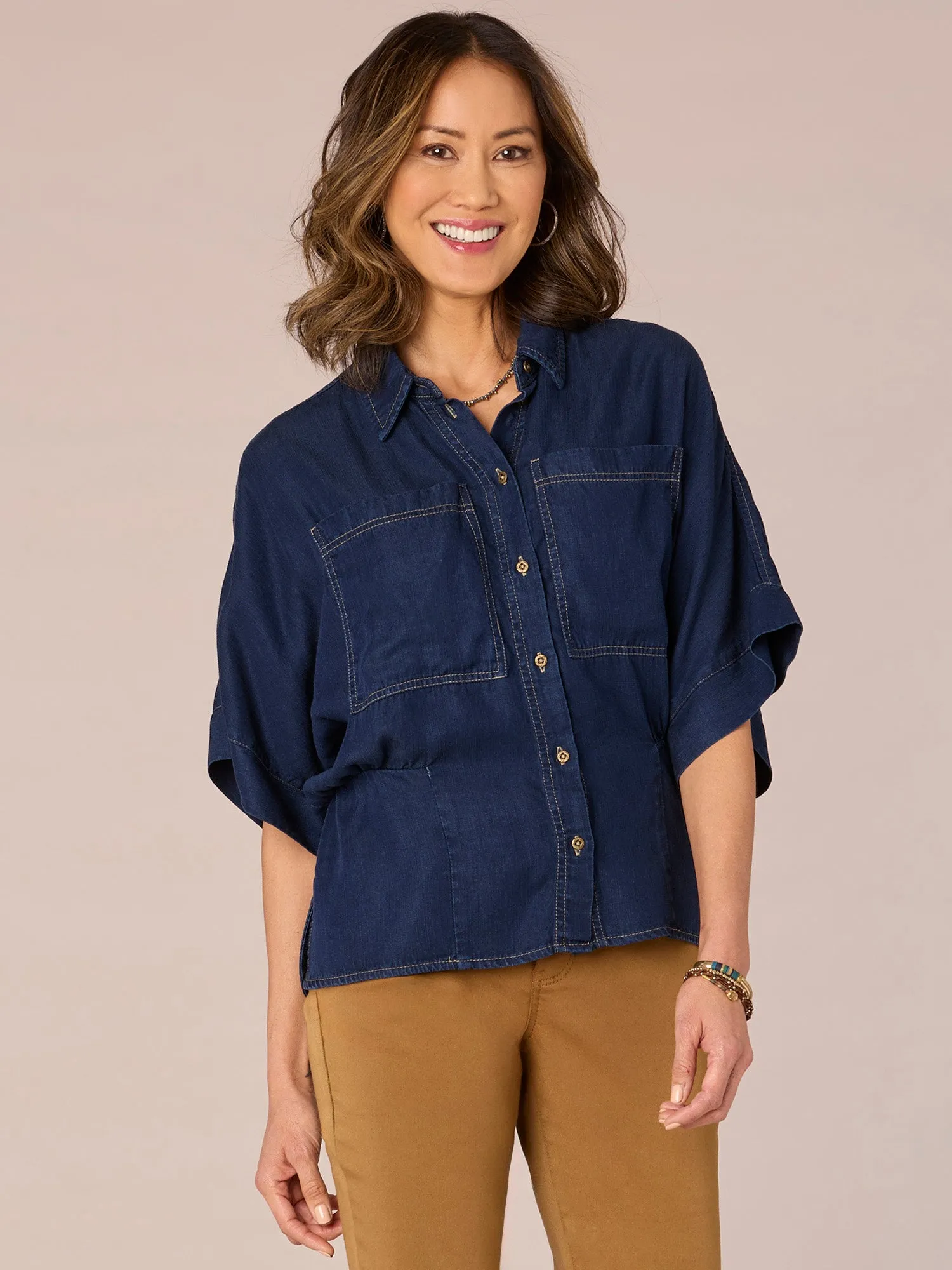 Below Elbow Sleeve Button Down Patch Pocket Peplum Woven Shirt