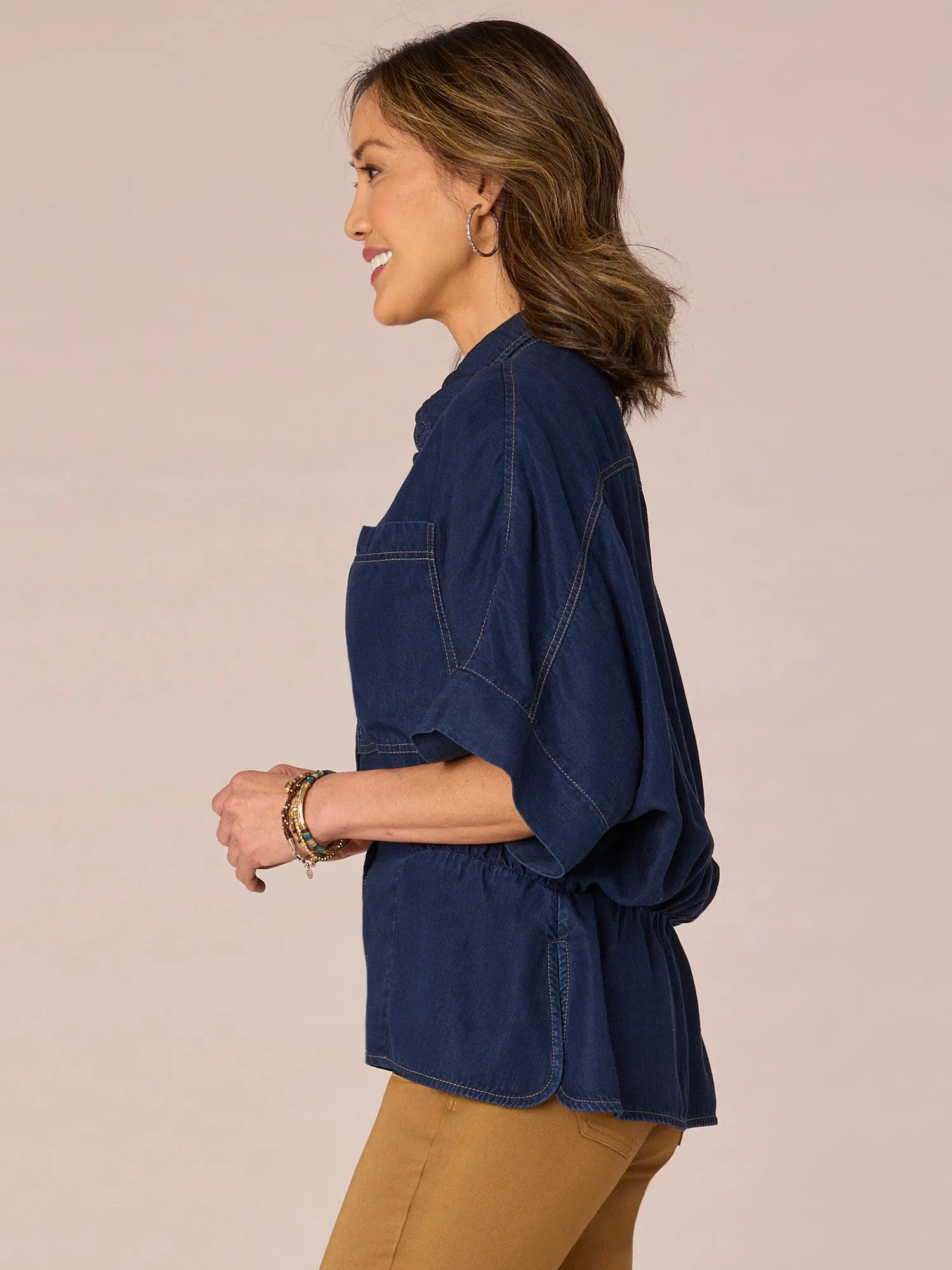 Below Elbow Sleeve Button Down Patch Pocket Peplum Woven Shirt