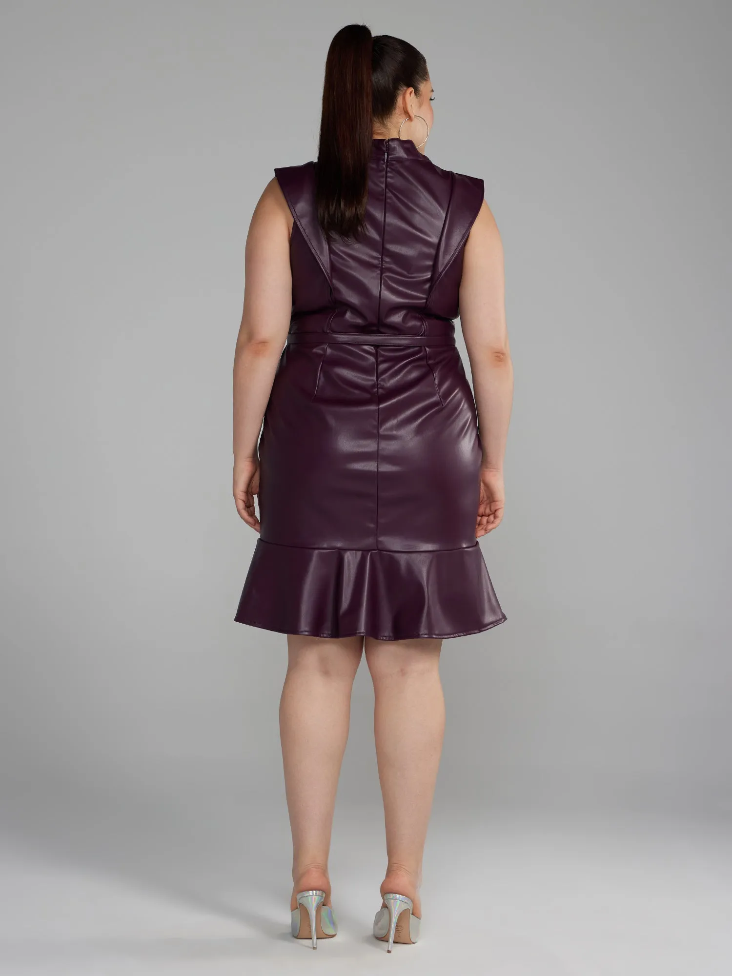 Belted Faux Leather Ruffle Detail Dress