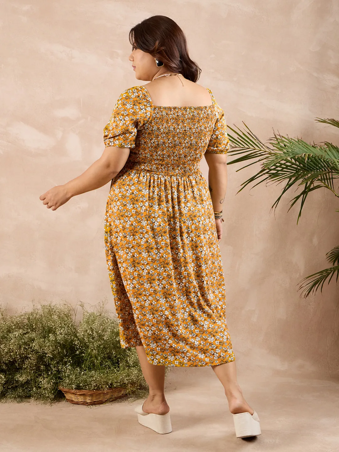 Berrylush Curve Women Yellow Floral Print Square Neck Fit and Flare Midi Dress