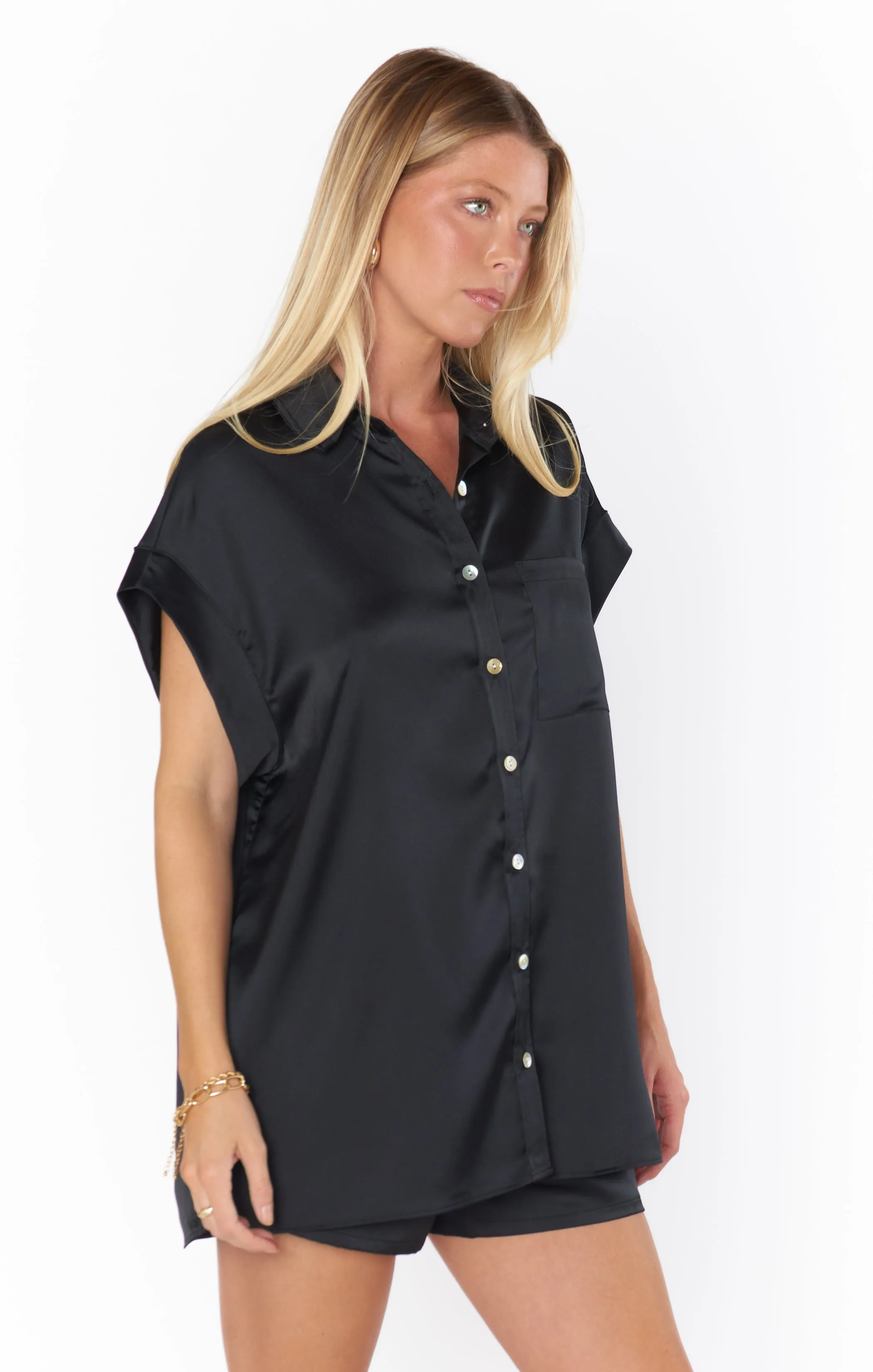 Best Day Button Up ~ Black Luxe Satin