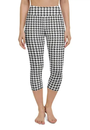 Black & White Houndstooth Print Yoga Capris