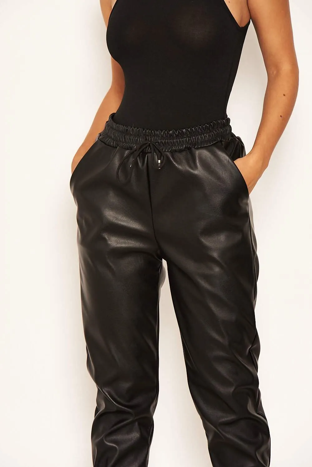 Black Faux Leather Joggers