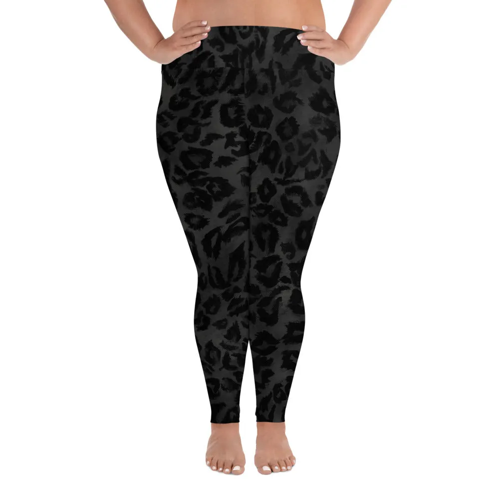 Black Leopard Women's Leggings, Plus Size, Animal Print Long Yoga Pants-Made in USA/EU