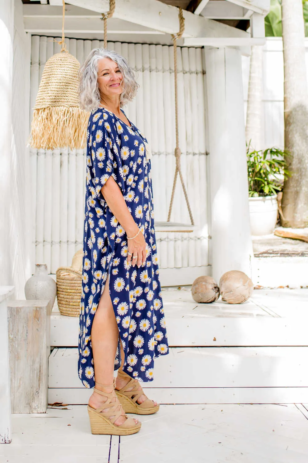 Blue Sunflower Long Kaftan Dress