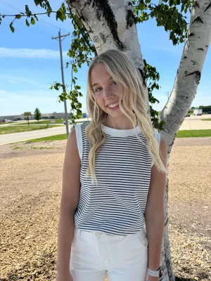 BRALYN IVORY AND BLACK STRIPED MUSCLE TANK TOP