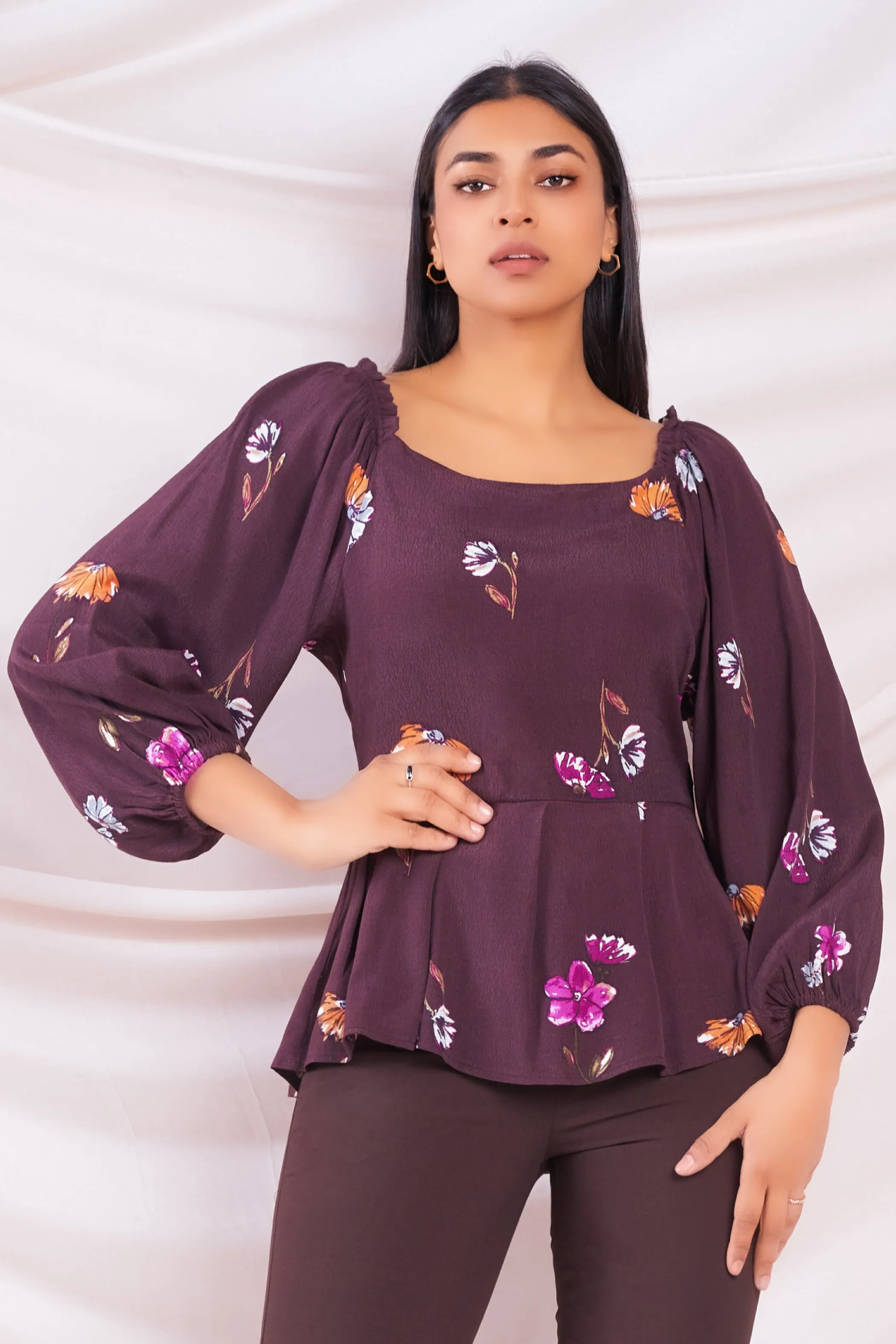 Brown Printed Puff Sleeve Top