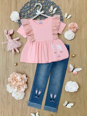 Bunny Ruffled Top and Embroidered Denim Pant Set