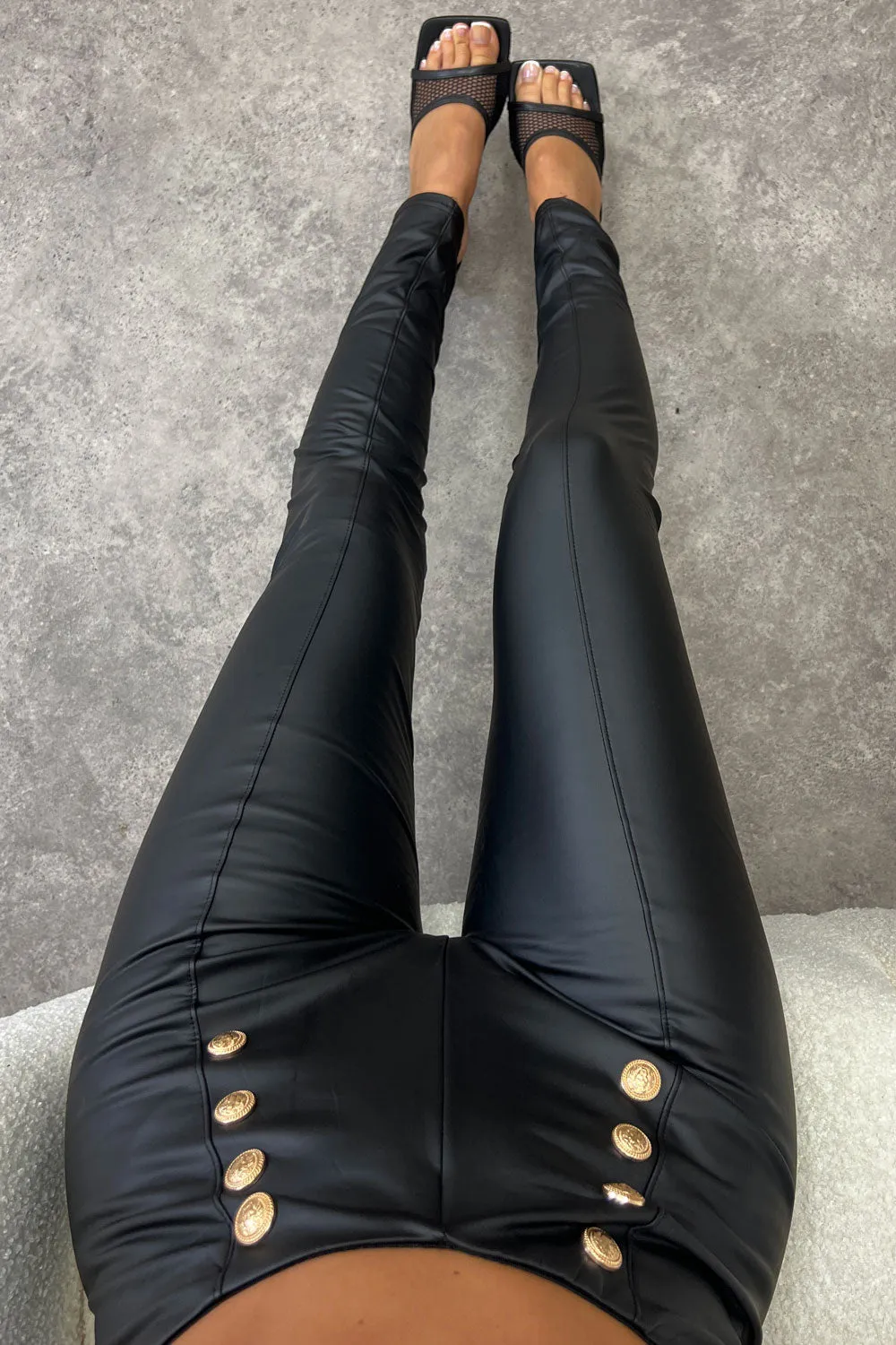 Cory Black Faux Leather PU Button Detail Leggings