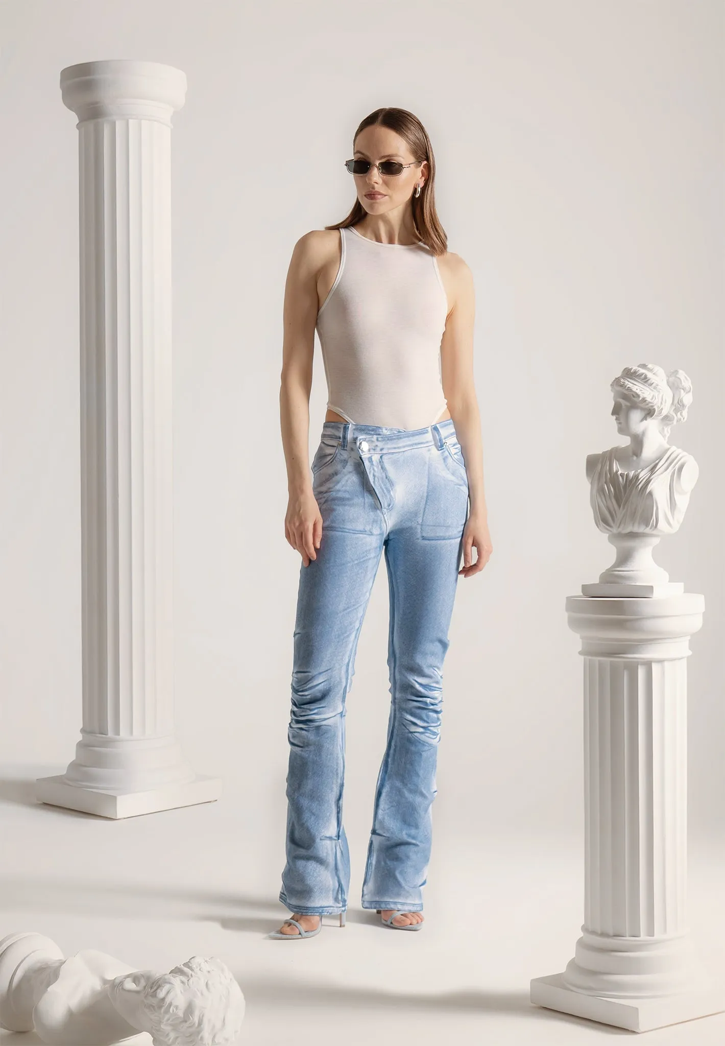 Denim Effect Tacked Fit and Flare Jeans - White/Blue