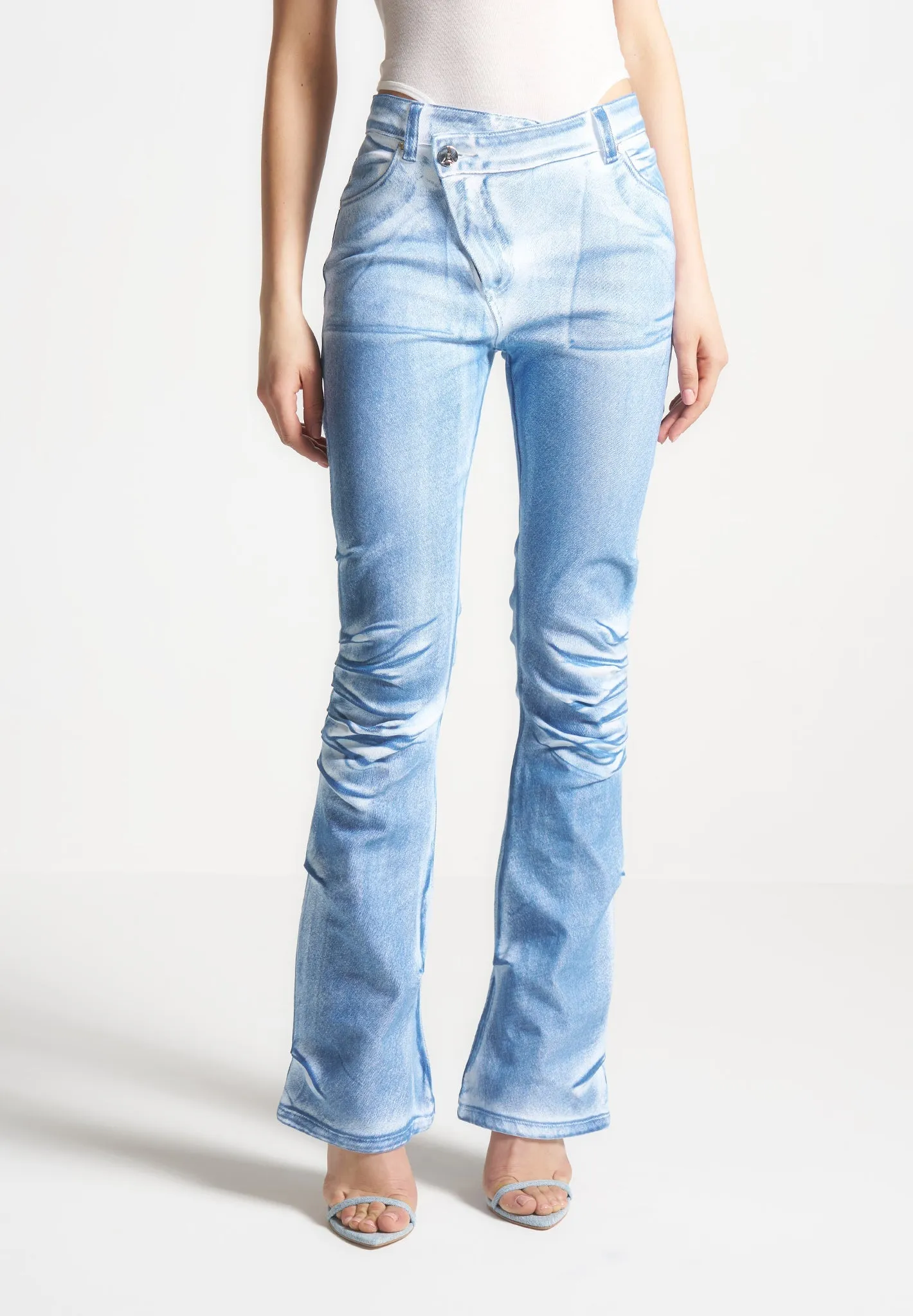 Denim Effect Tacked Fit and Flare Jeans - White/Blue