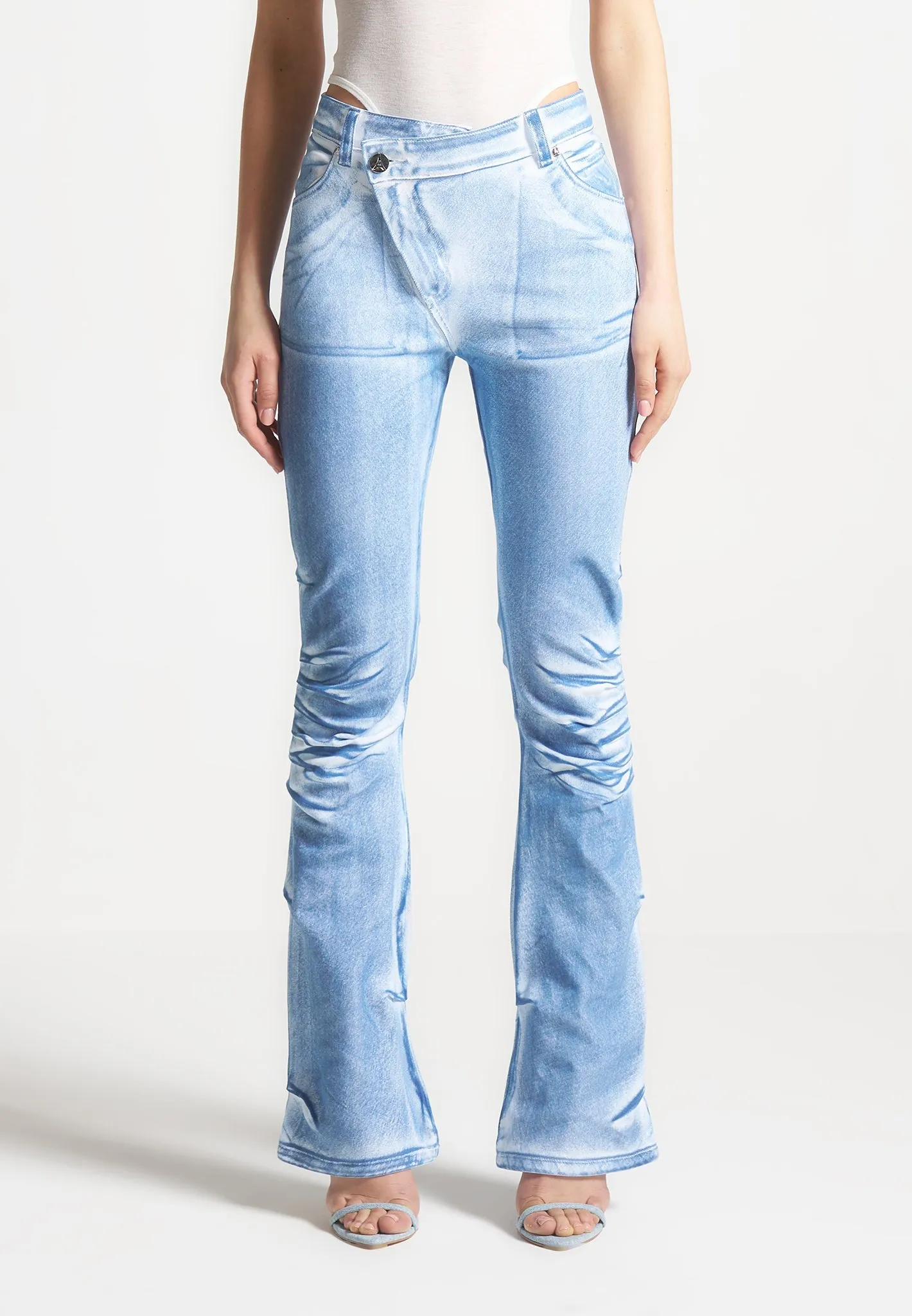 Denim Effect Tacked Fit and Flare Jeans - White/Blue