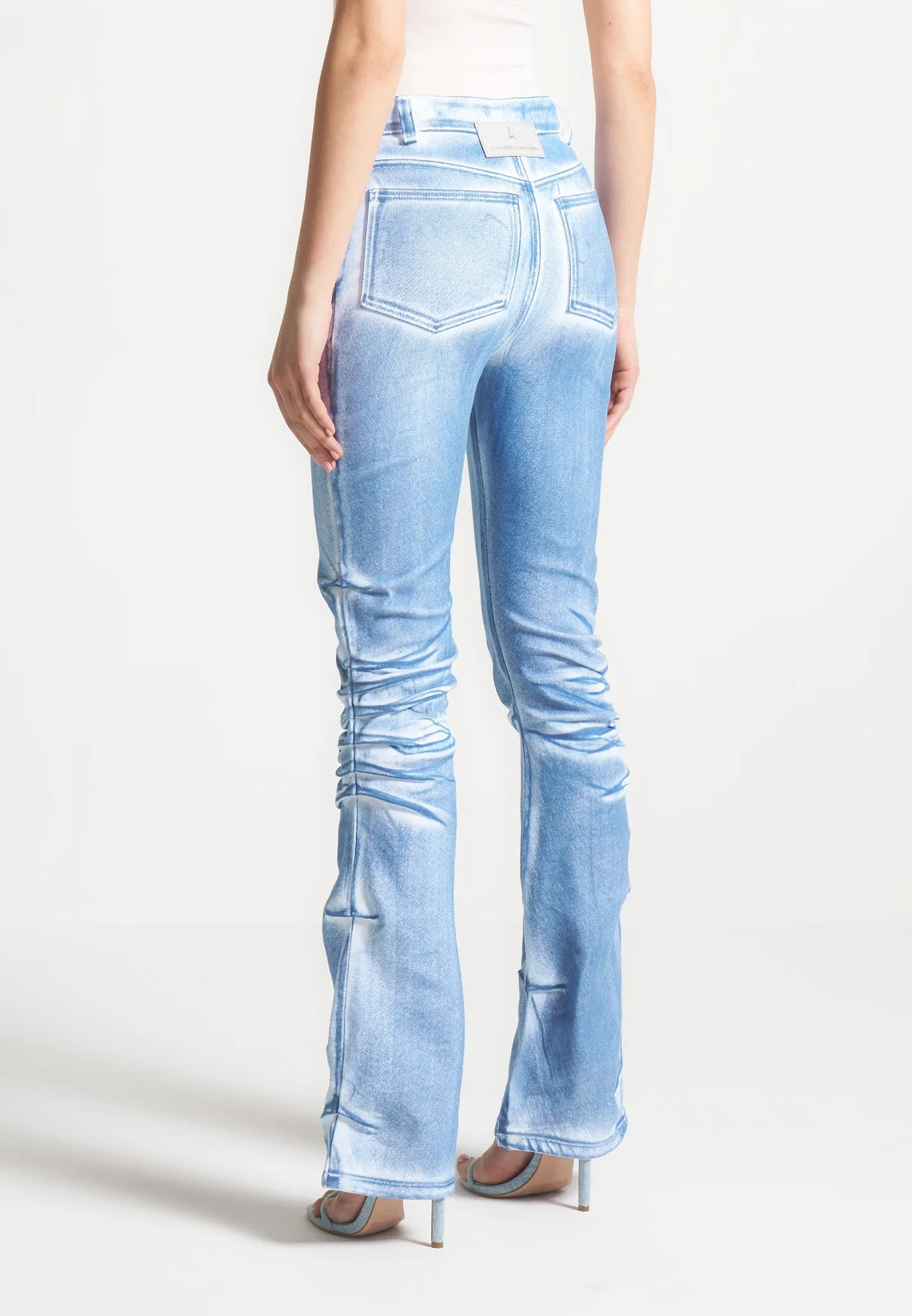 Denim Effect Tacked Fit and Flare Jeans - White/Blue