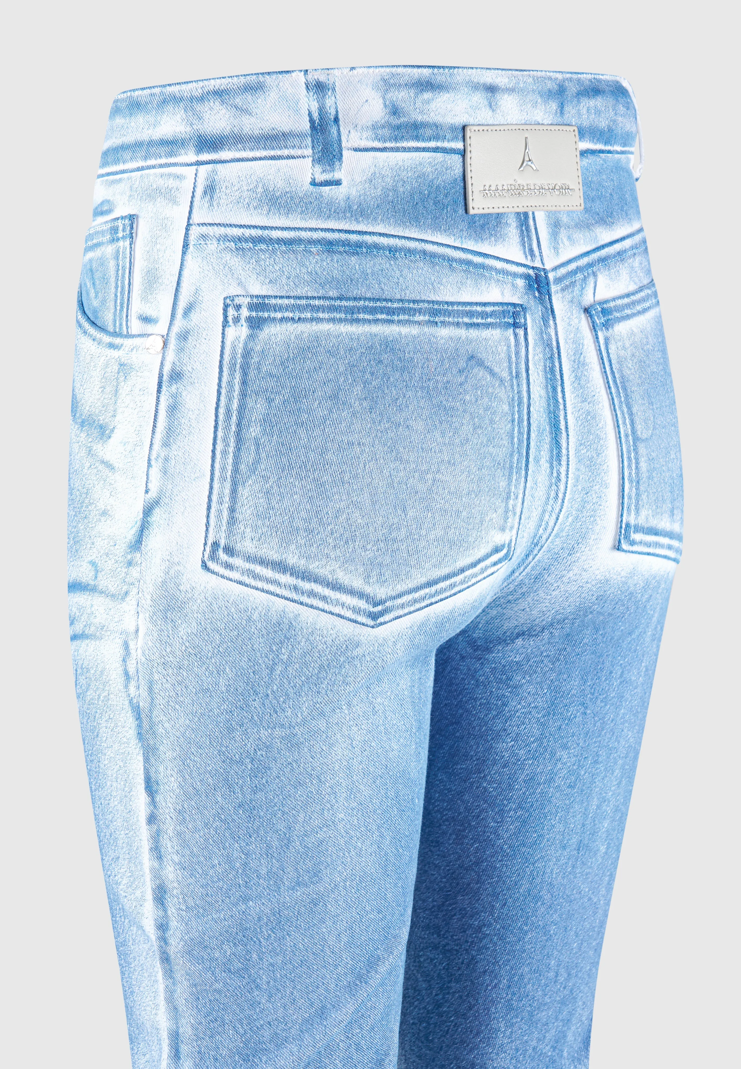 Denim Effect Tacked Fit and Flare Jeans - White/Blue