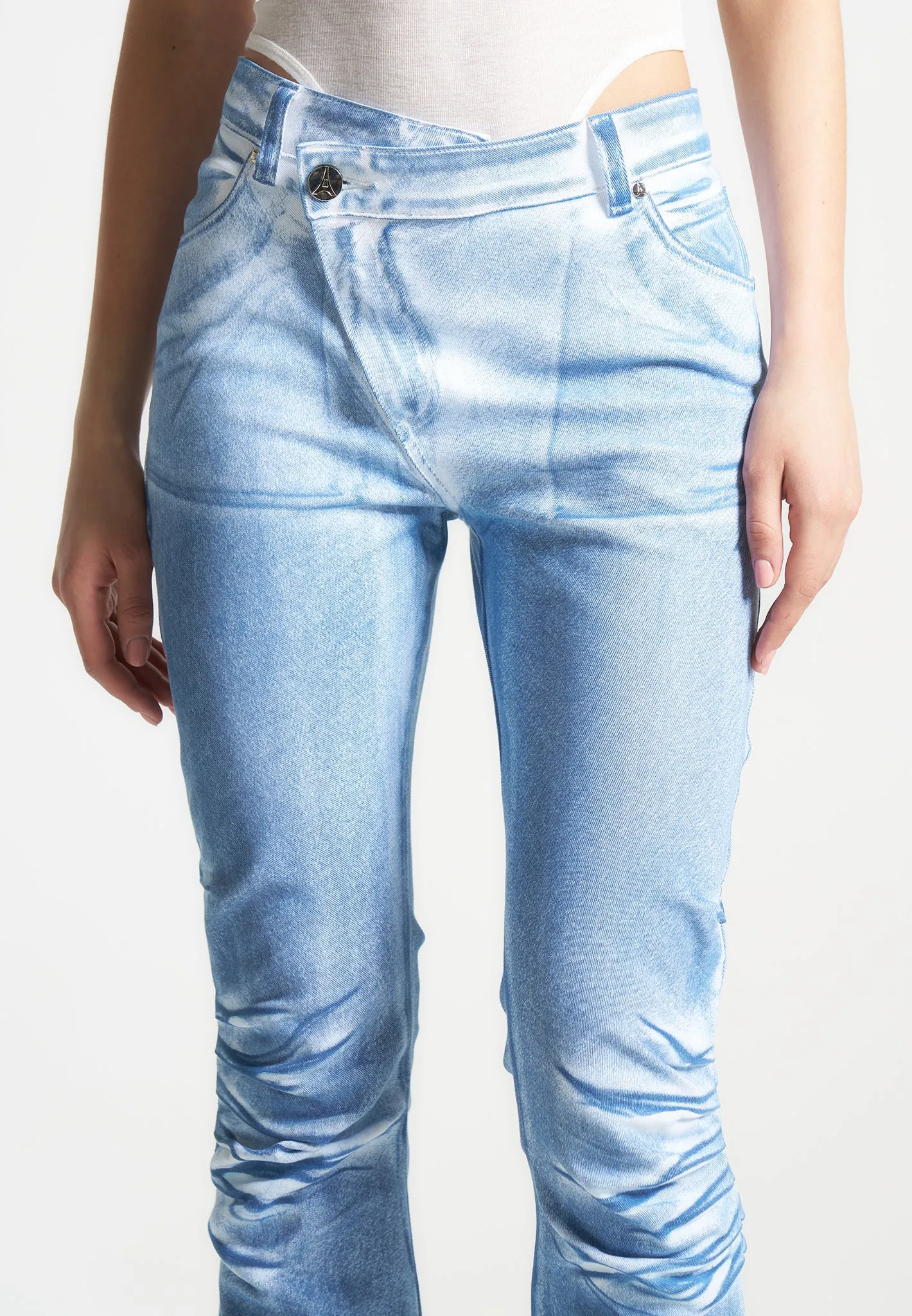 Denim Effect Tacked Fit and Flare Jeans - White/Blue