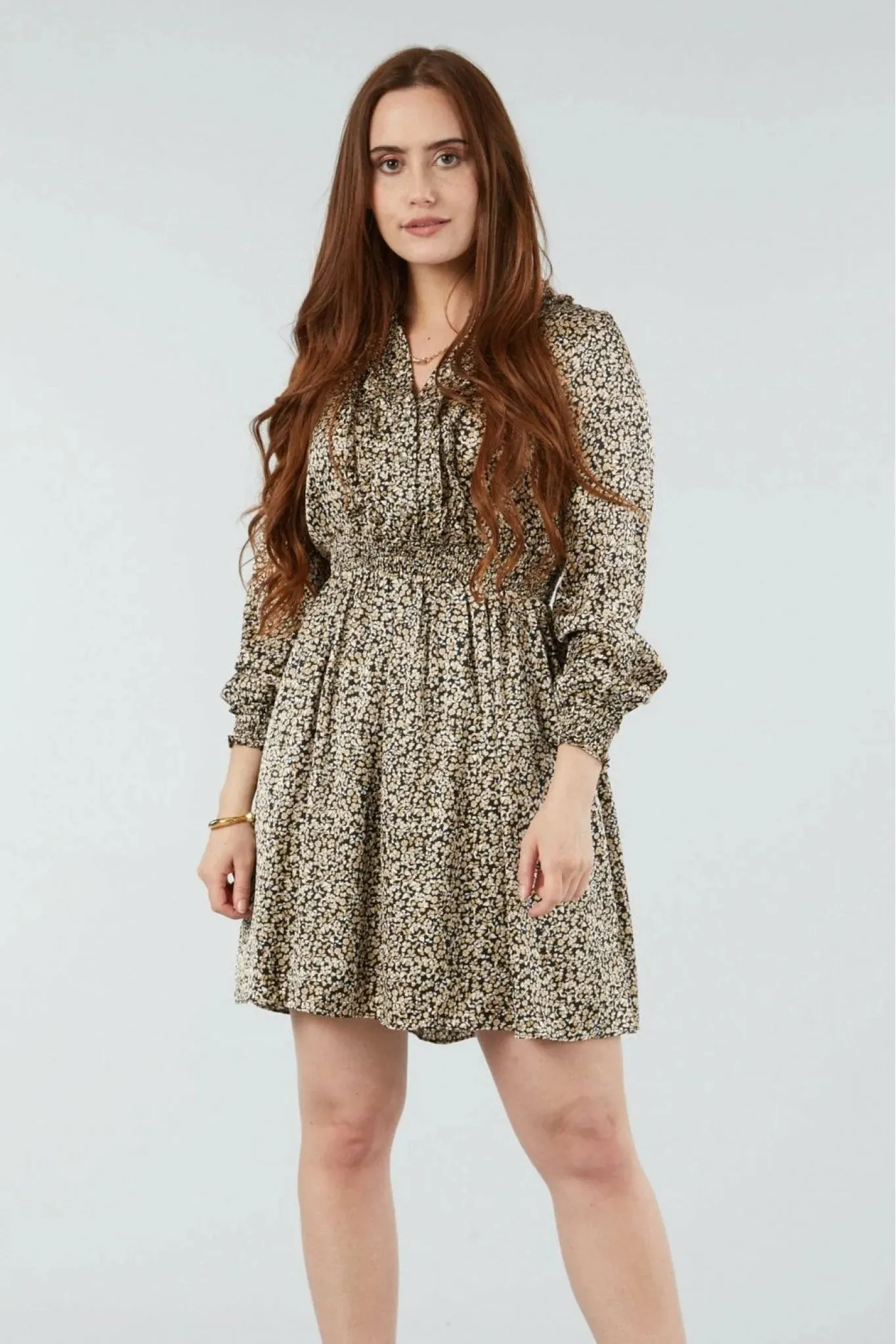 Double Second Beige Print Frill Detail Button Front Dress