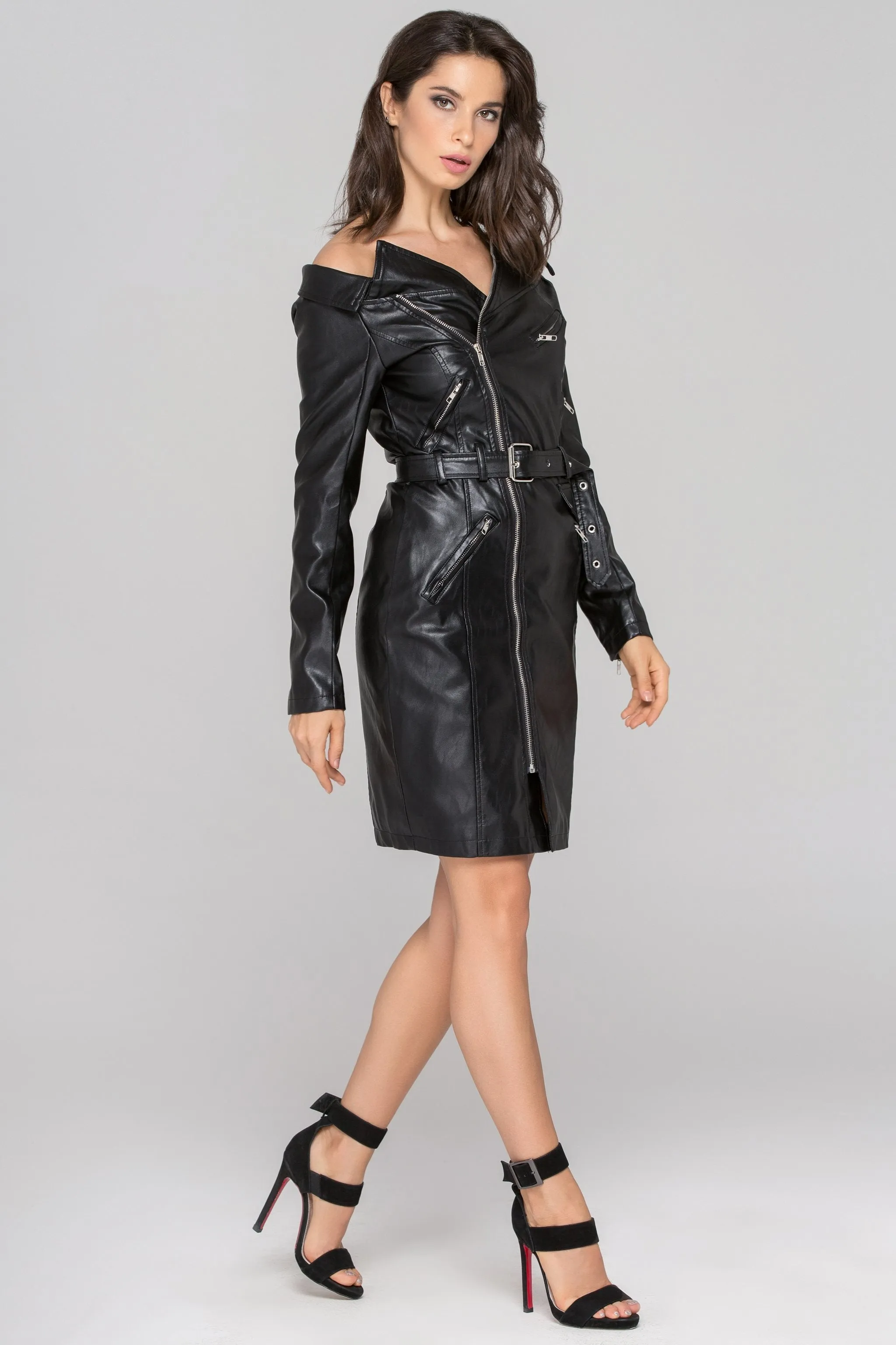 Fatima Almomen - Black Faux Leather Biker Chic Sleeved Mini Dress