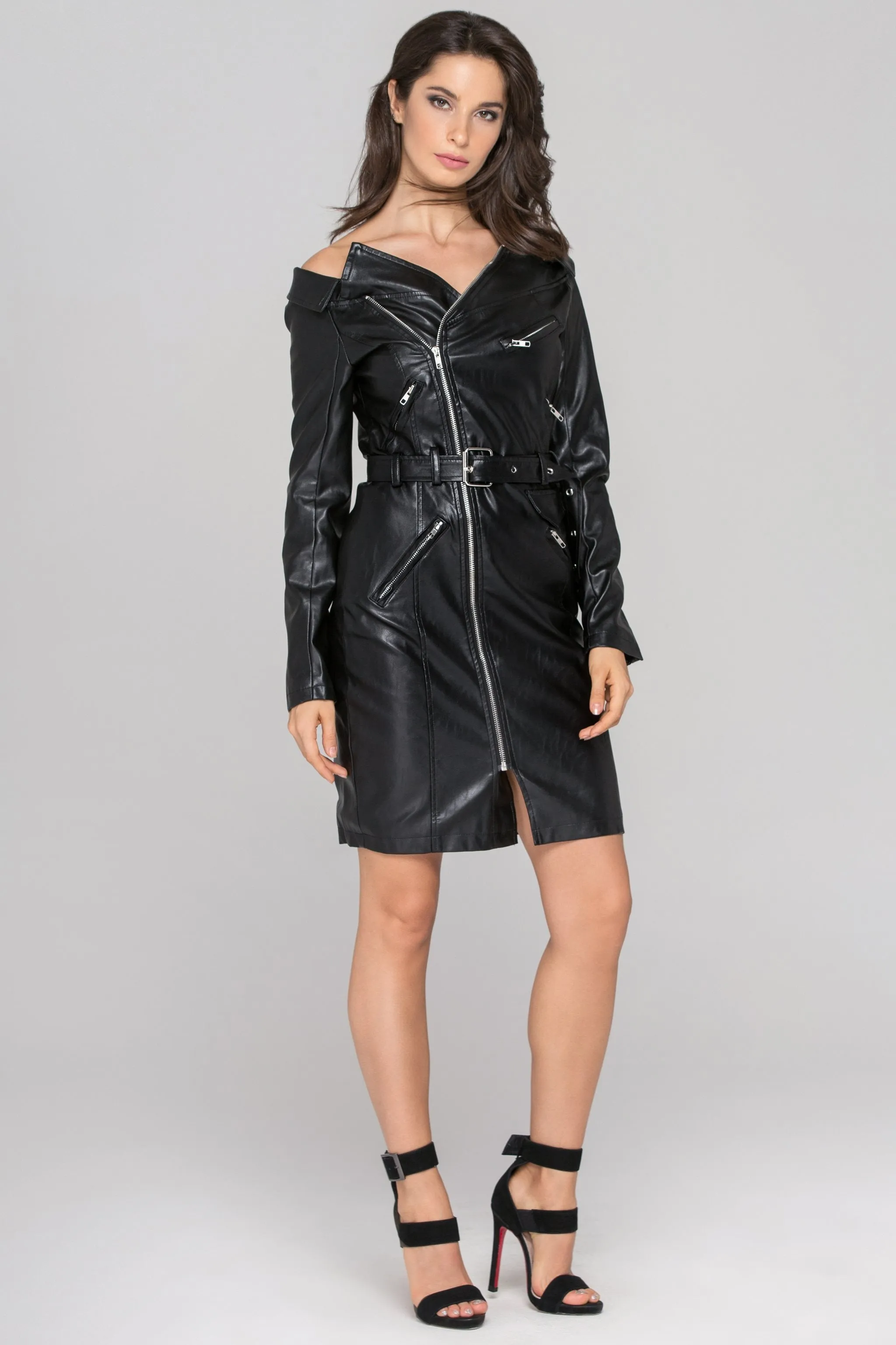 Fatima Almomen - Black Faux Leather Biker Chic Sleeved Mini Dress