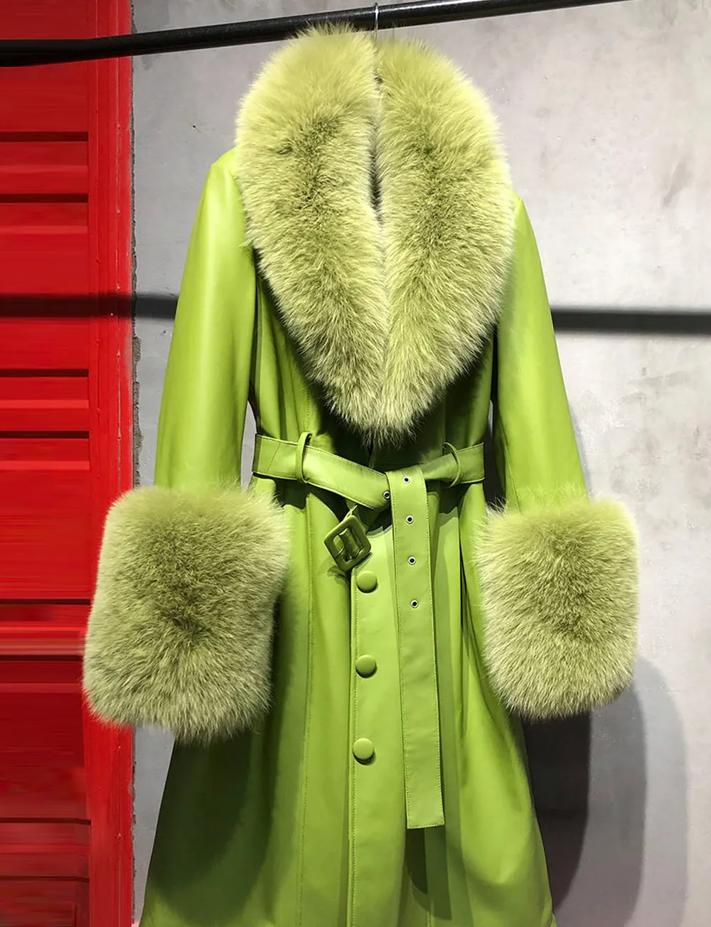 Faux Fur Genuine Leather Coat In Lime Green