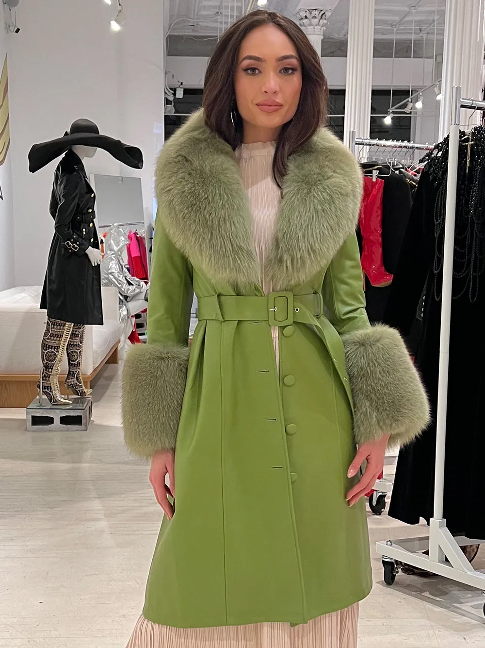 Faux Fur Genuine Leather Coat In Lime Green