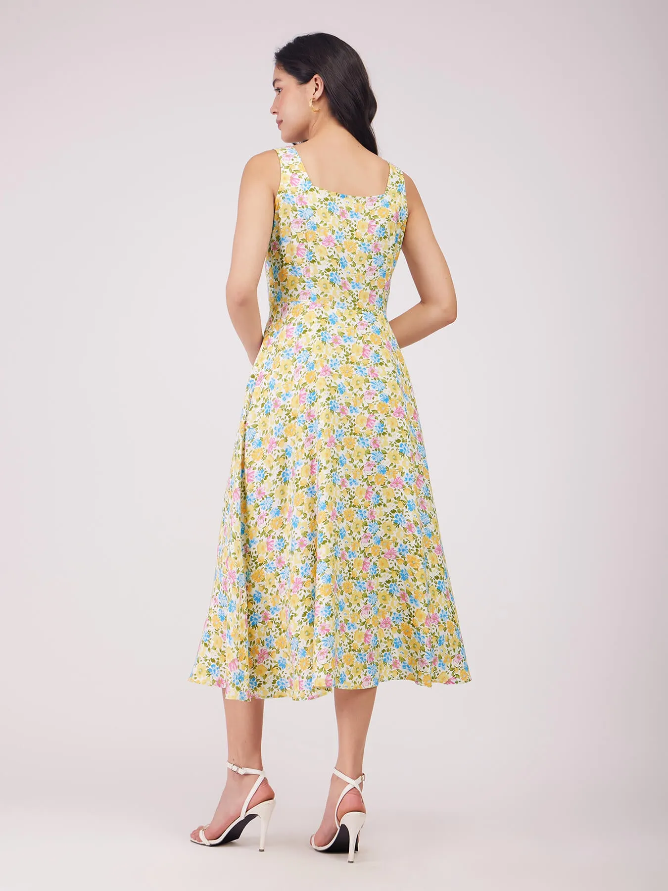 Fit And Flare Floral Dress - Yellow