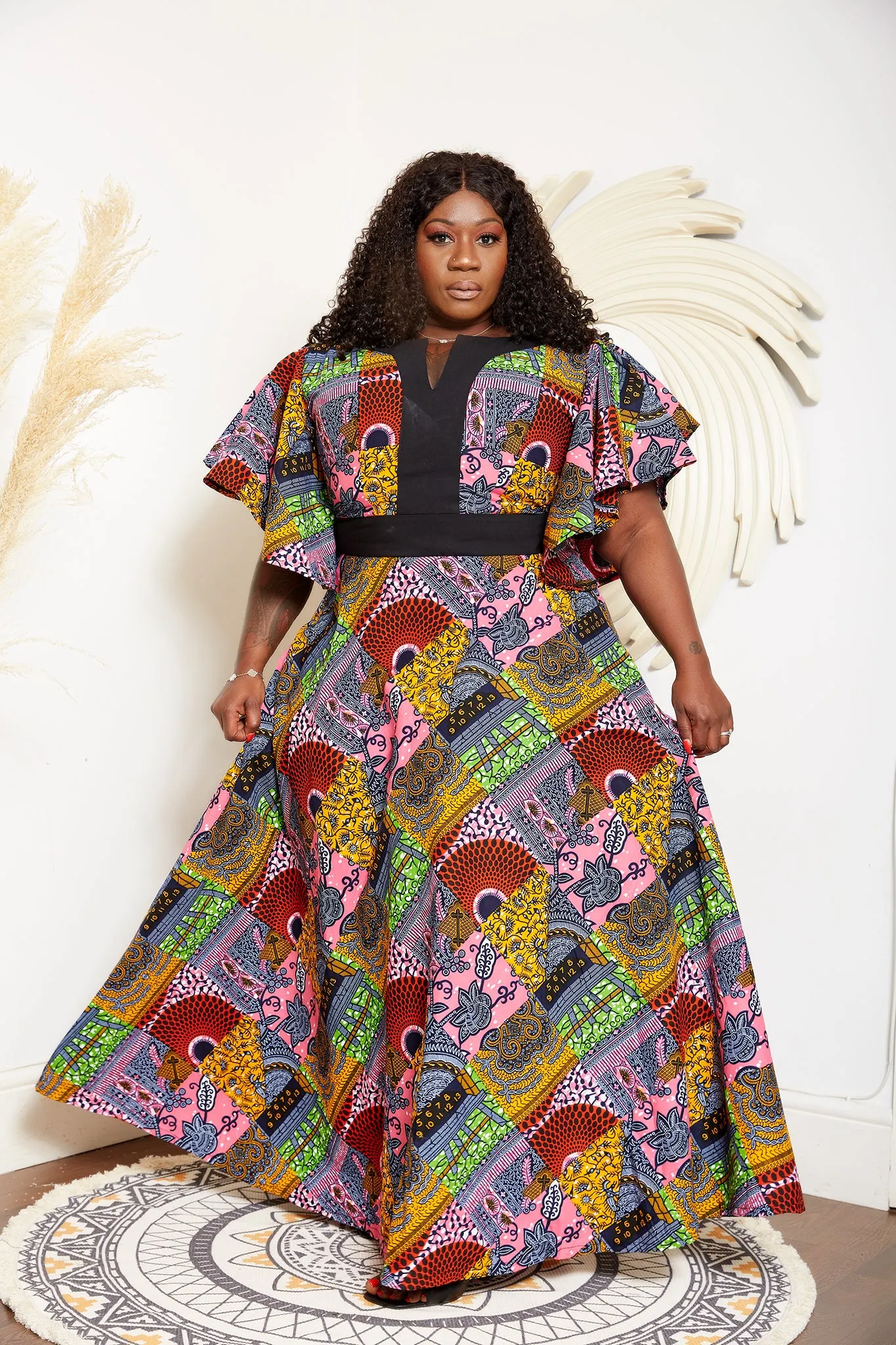 Flared Sleeve African Print Mixed Print Maxi Dress - Nansica