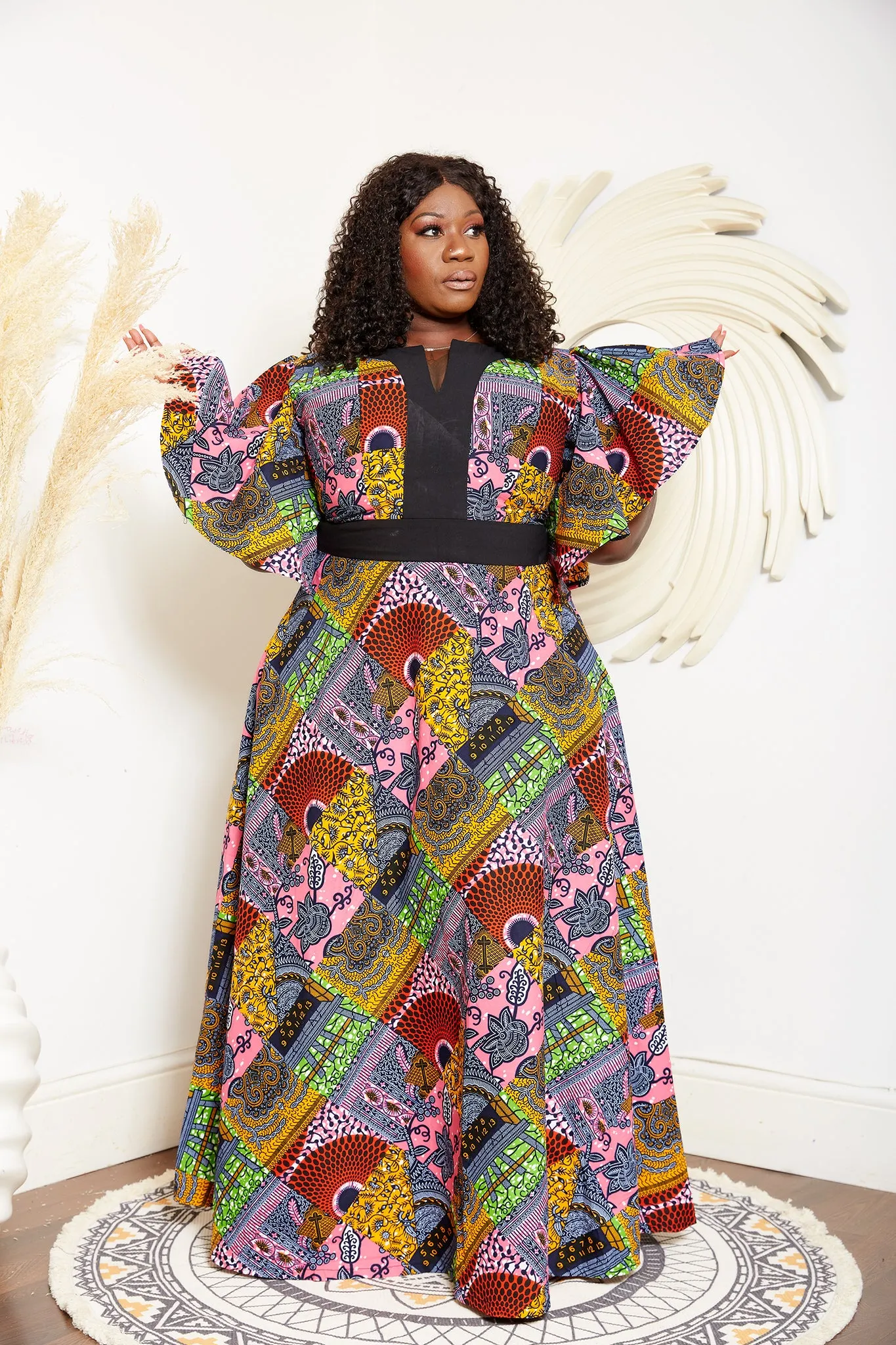 Flared Sleeve African Print Mixed Print Maxi Dress - Nansica