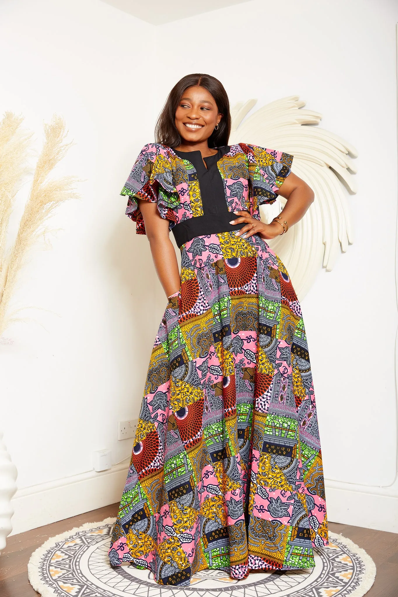 Flared Sleeve African Print Mixed Print Maxi Dress - Nansica