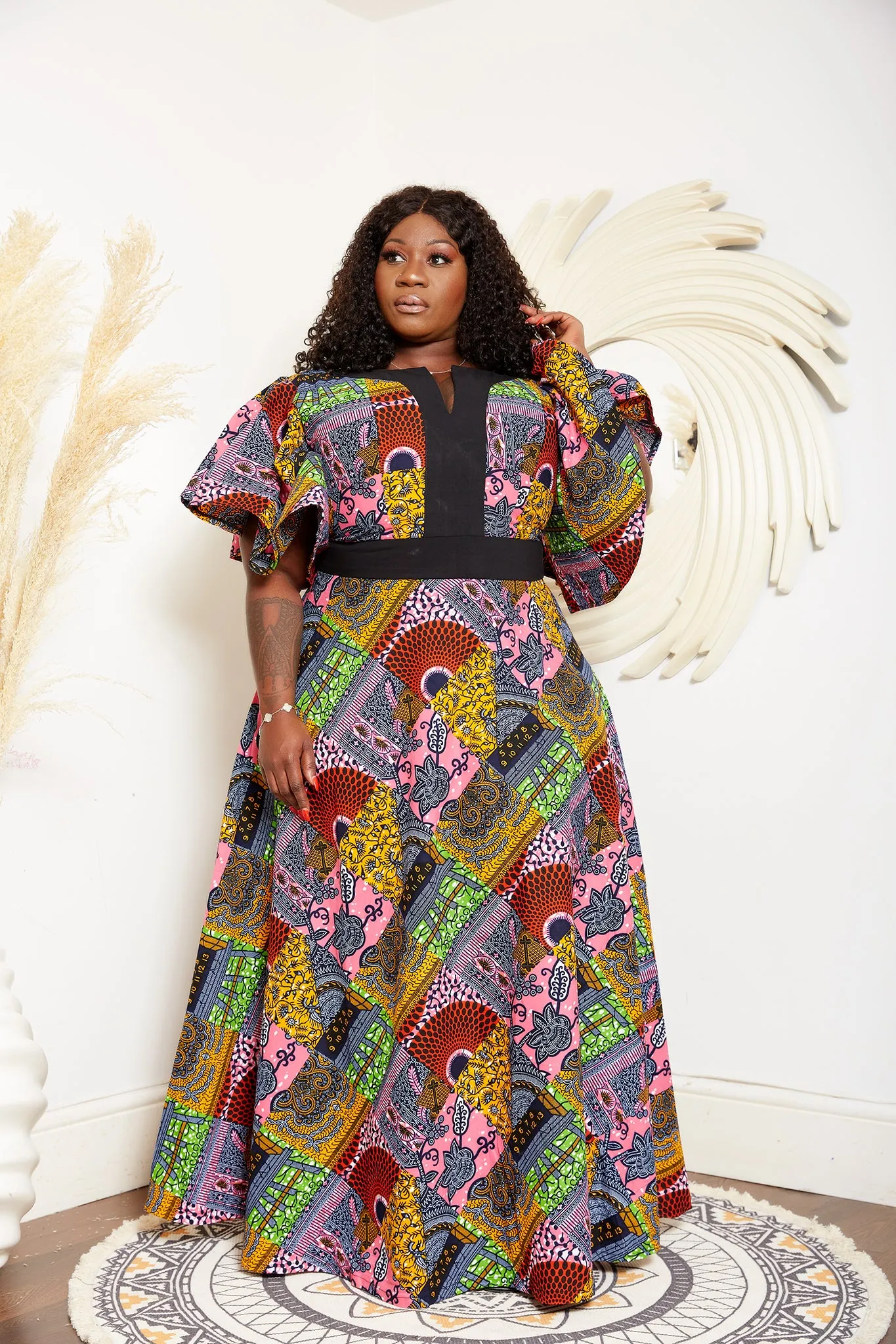 Flared Sleeve African Print Mixed Print Maxi Dress - Nansica