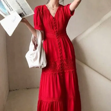 French Eyelet Cotton Maxi Dress, Red