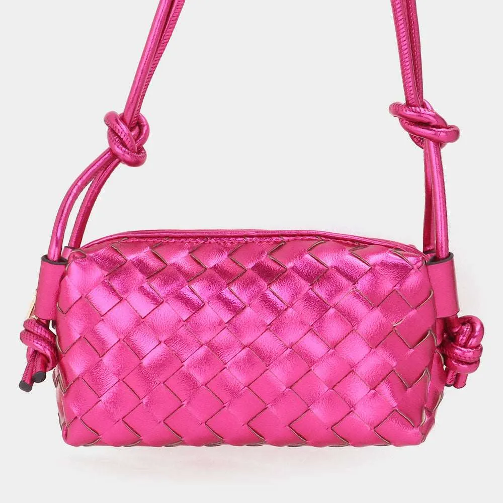 Fuchsia Metallic Faux Leather Weaved Crossbody Bag