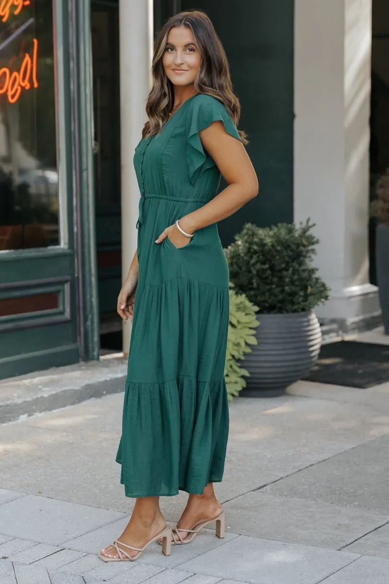 Hunter Green Lace Tiered Maxi Dress