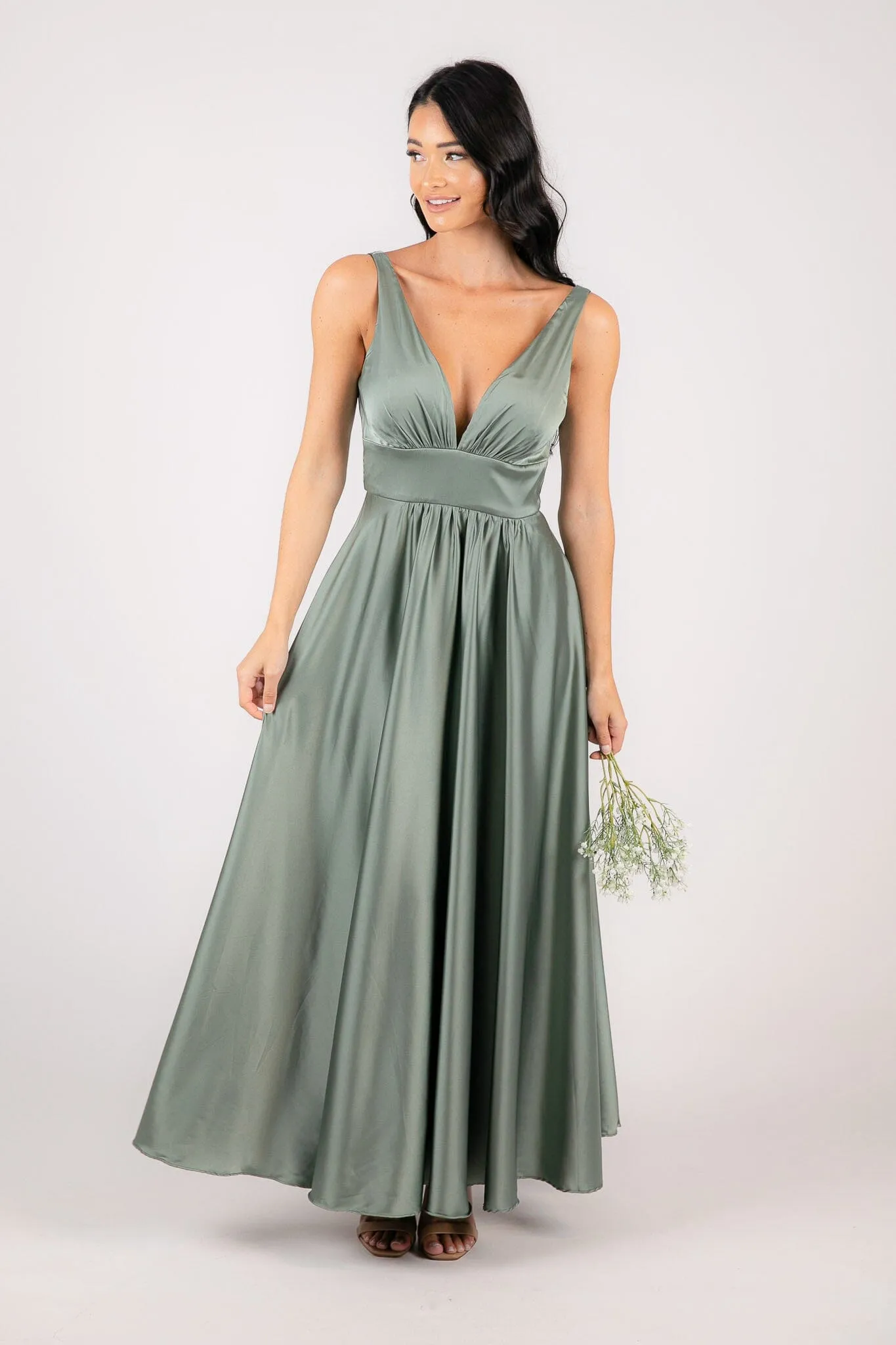 ISABEL A-Line Satin Maxi Dress - Sage Green